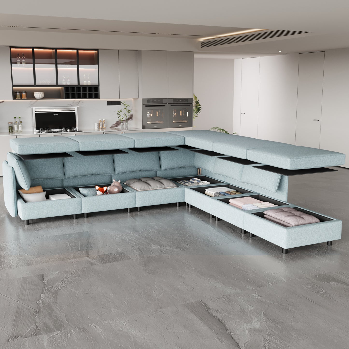Light blue sectional sofa with hidden storage perfect for living rooms