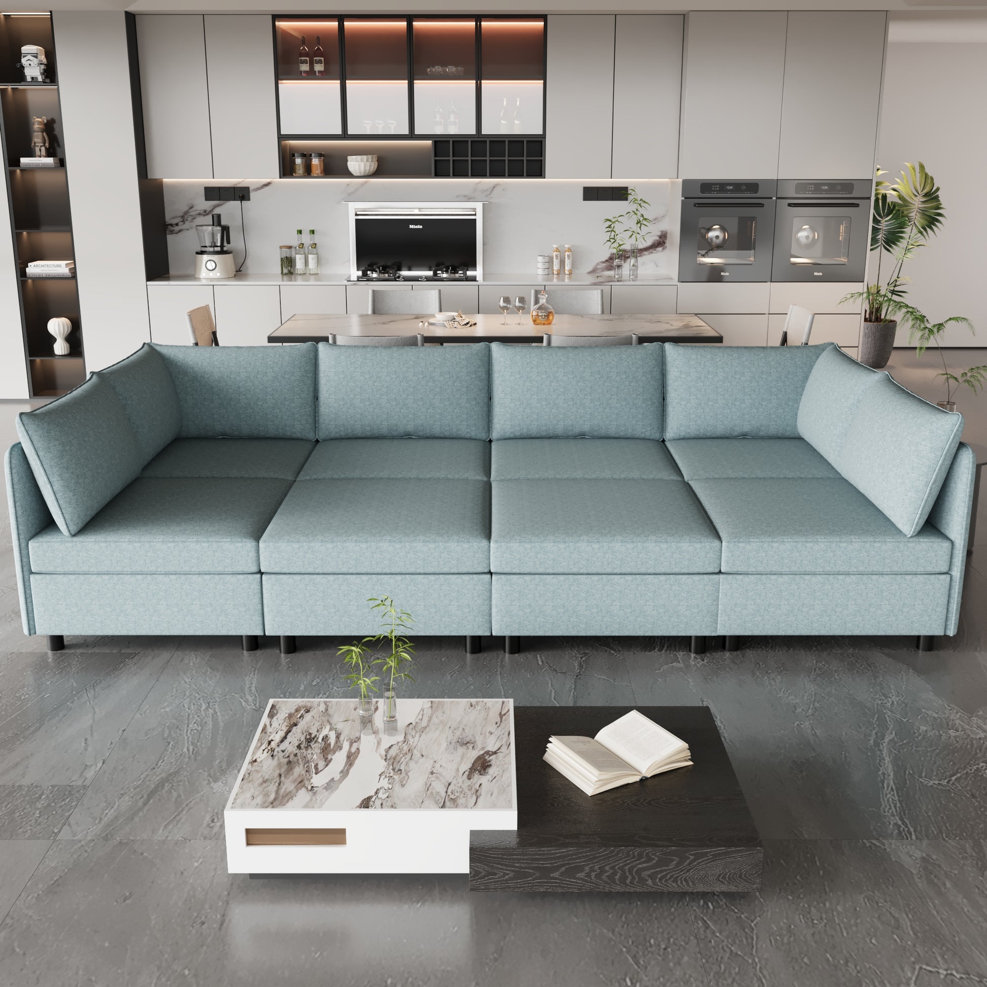 Light blue fabric sectional sofa with modern design perfect for a spacious living room