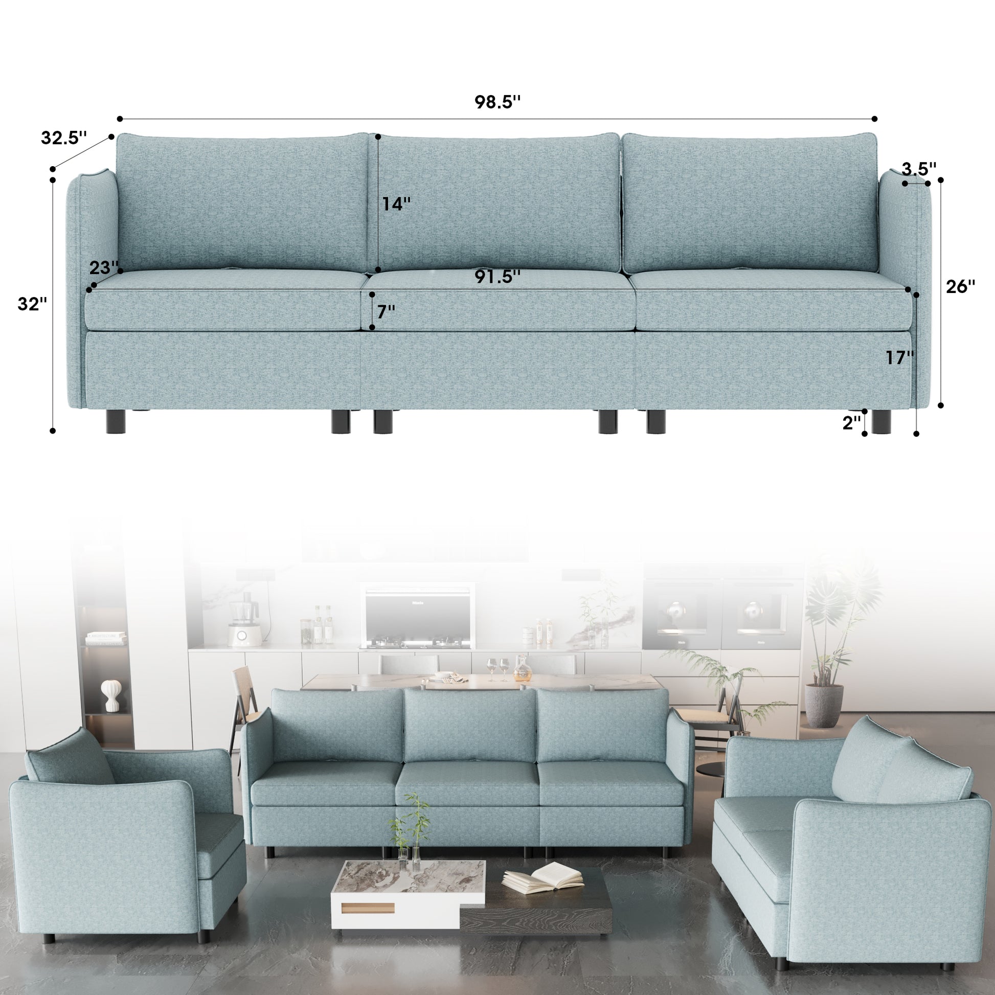 Light blue fabric sofa with plush cushions and modern design perfect for living rooms