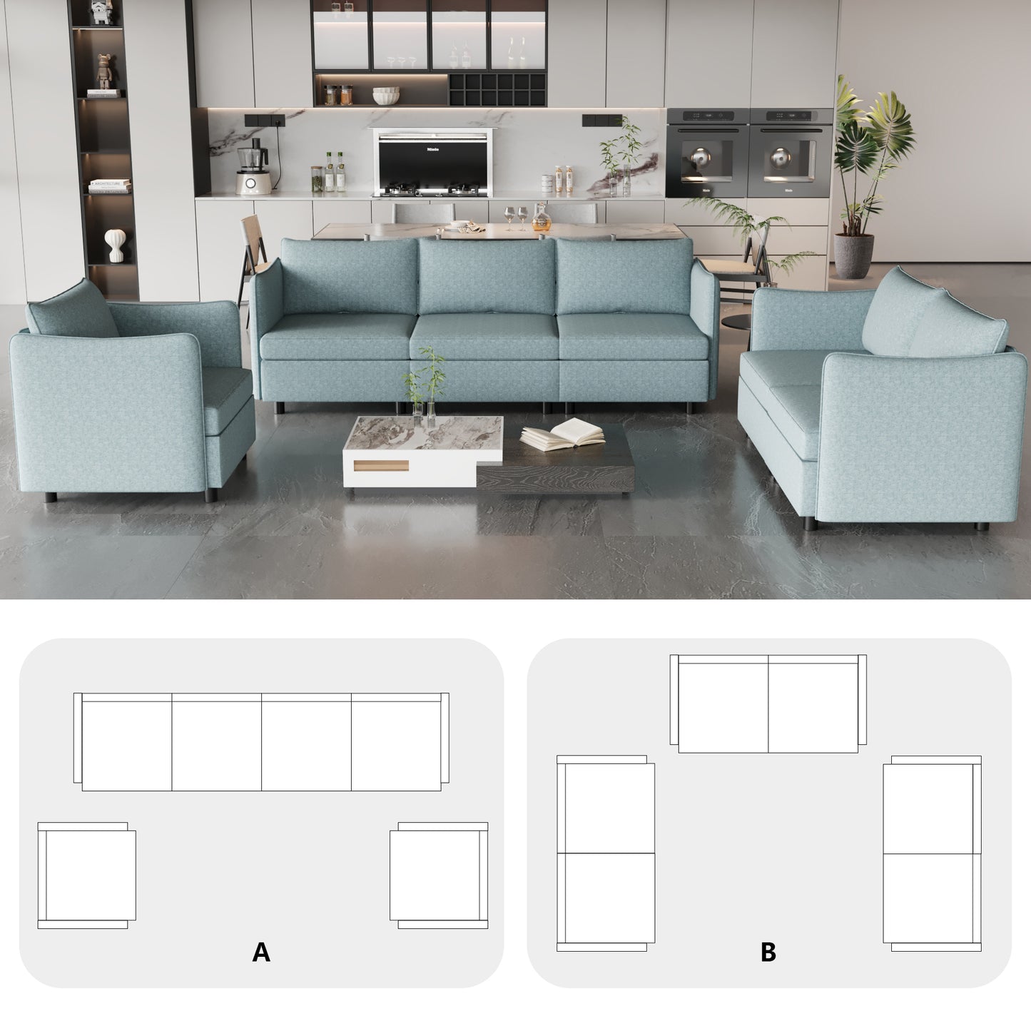 Light blue fabric sofa and two armchairs arranged in a modern living room