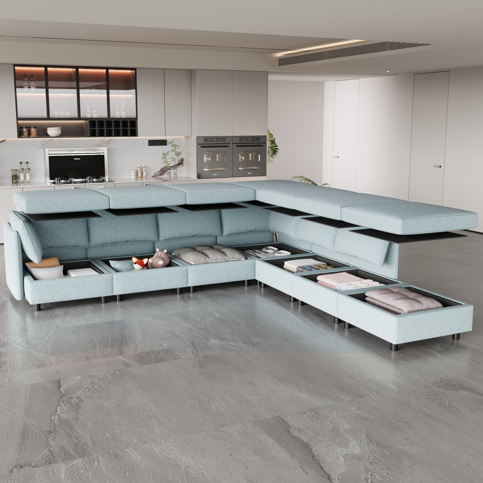 Light blue sectional sofa with ample storage compartments and plush cushions perfect for modern living rooms