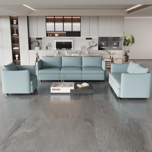 Light blue threeseater sofa with plush cushions perfect for a modern living room