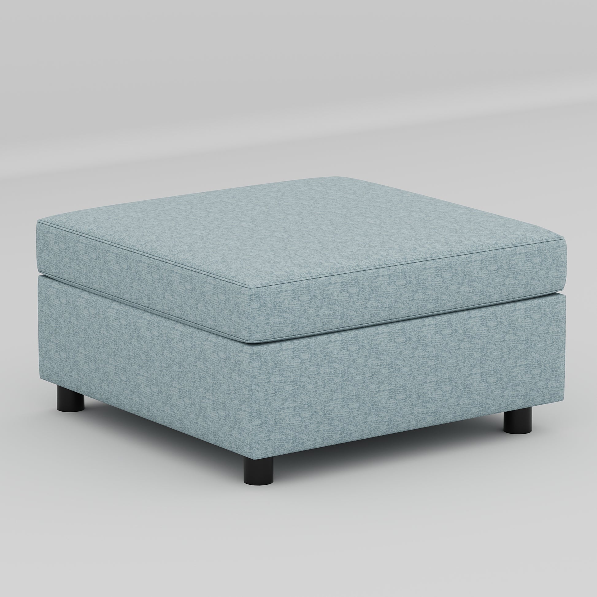Square blue upholstered ottoman with black legs perfect for living room relaxation