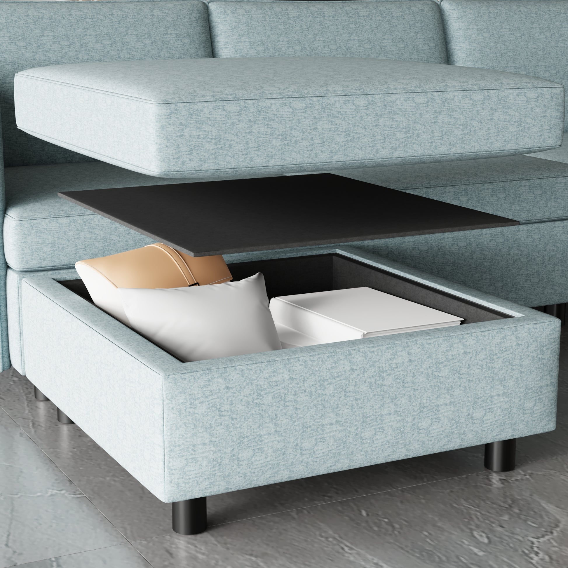 Light blue fabric sectional sofa with hidden storage and lifttop tray Perfect living room furniture