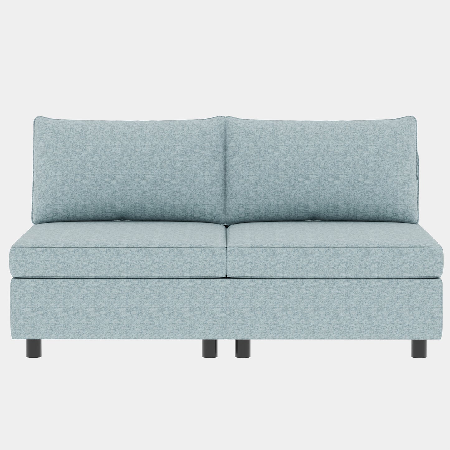 Light blue upholstered sofa with two seat cushions and back cushions