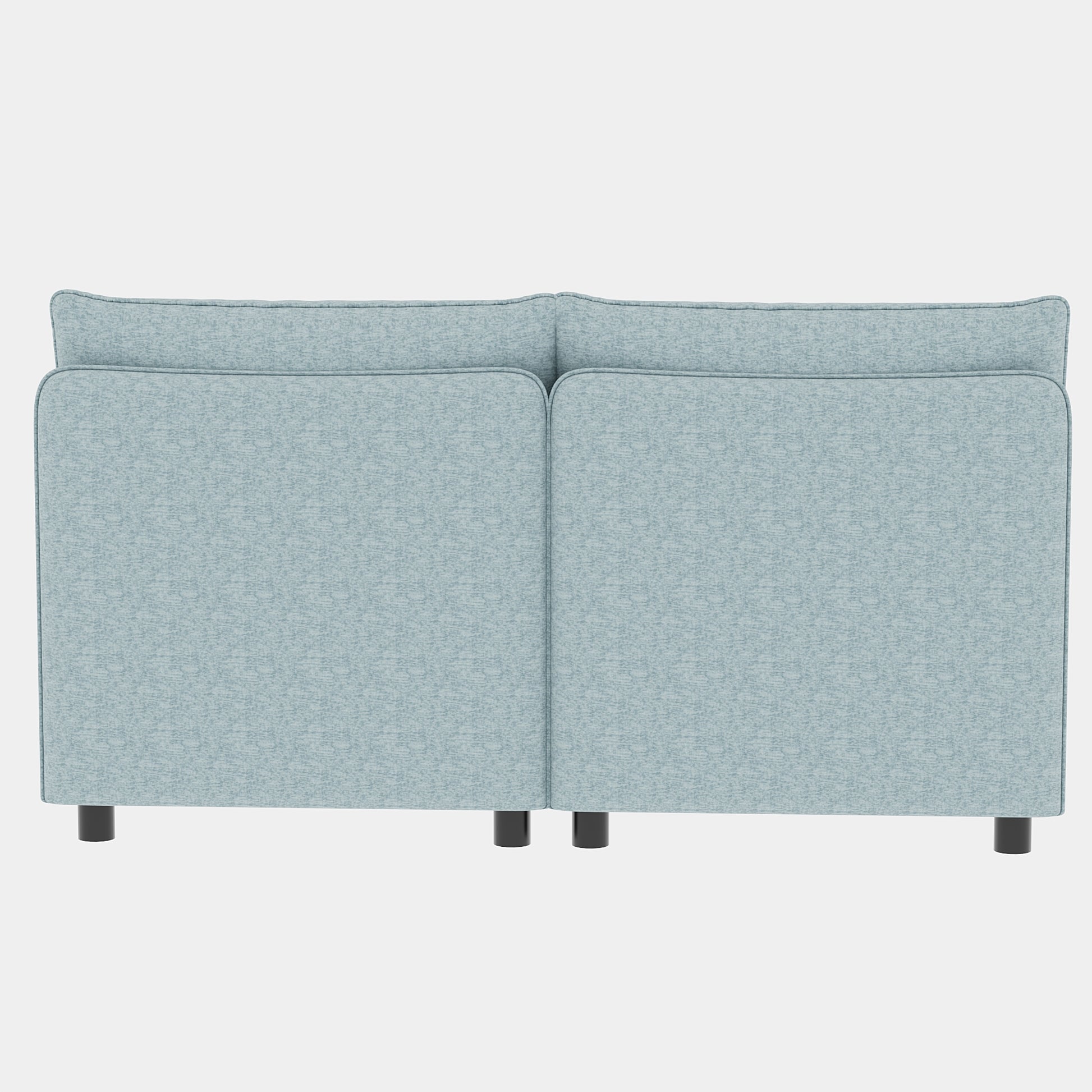 Light blue textured fabric sofa back with black cylindrical legs