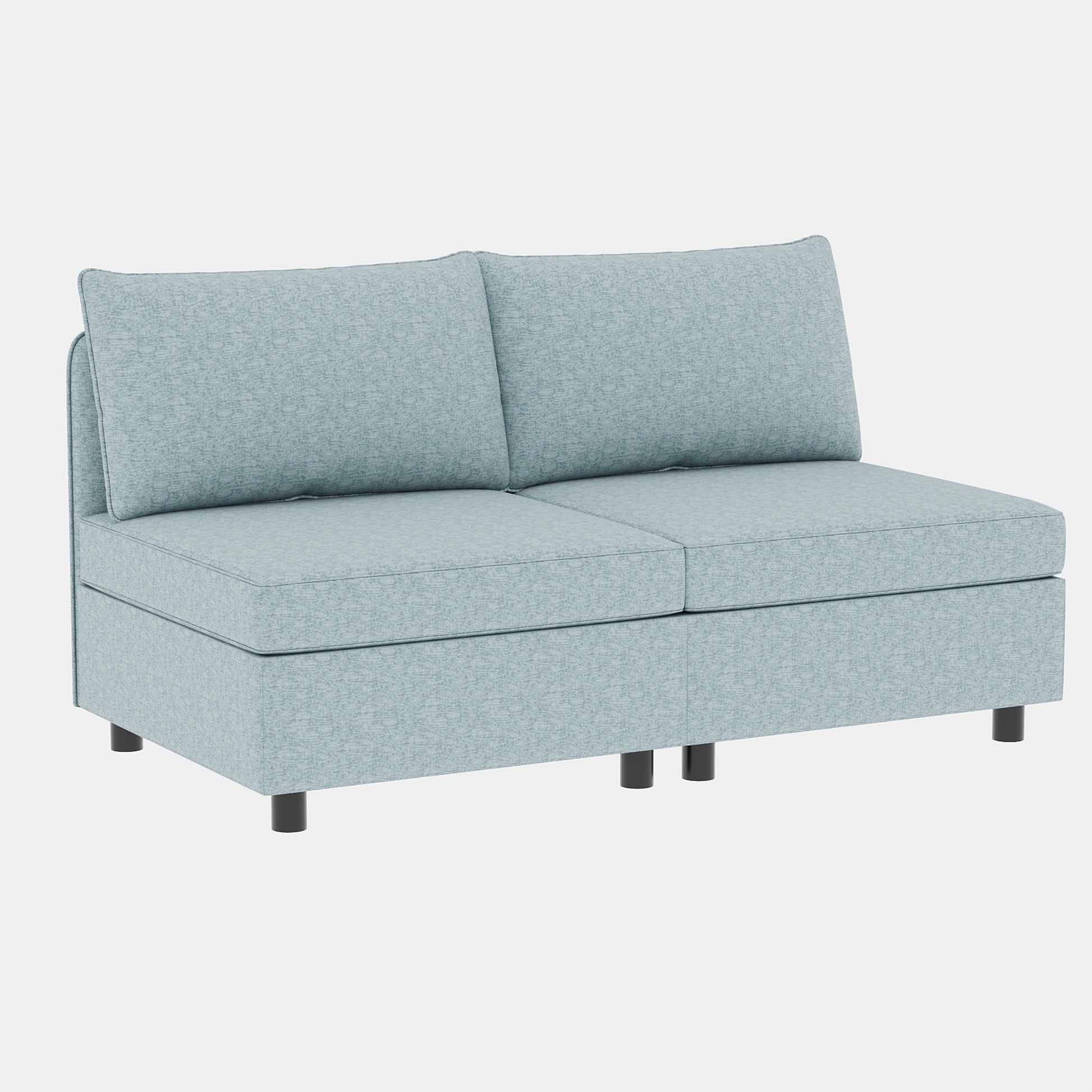 Light blue fabric loveseat with modern black legs for compact living spaces