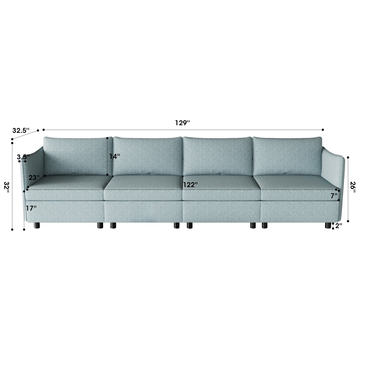 Fourseater sectional sofa in a light blue textured fabric with black legs  length