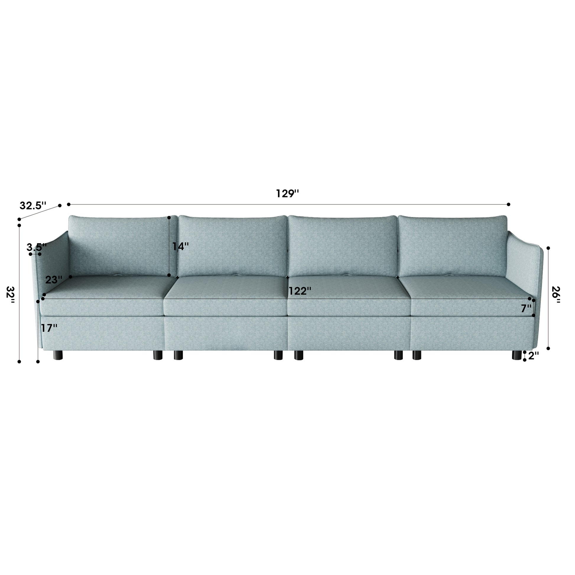 Fourseater sectional sofa in a light blue textured fabric with black legs  length