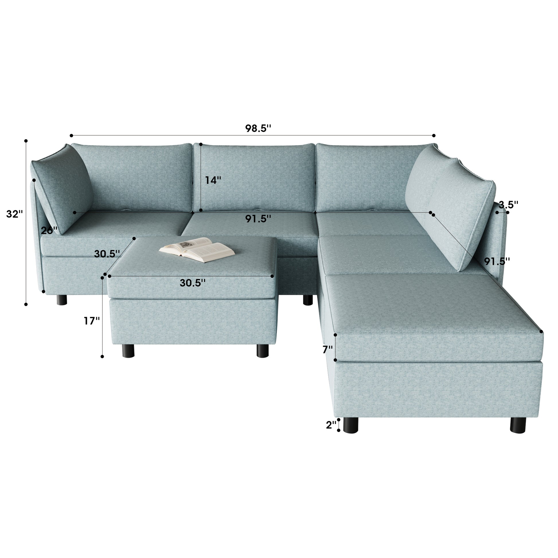Light blue fabric sectional sofa with chaise and ottoman ideal for living room seating