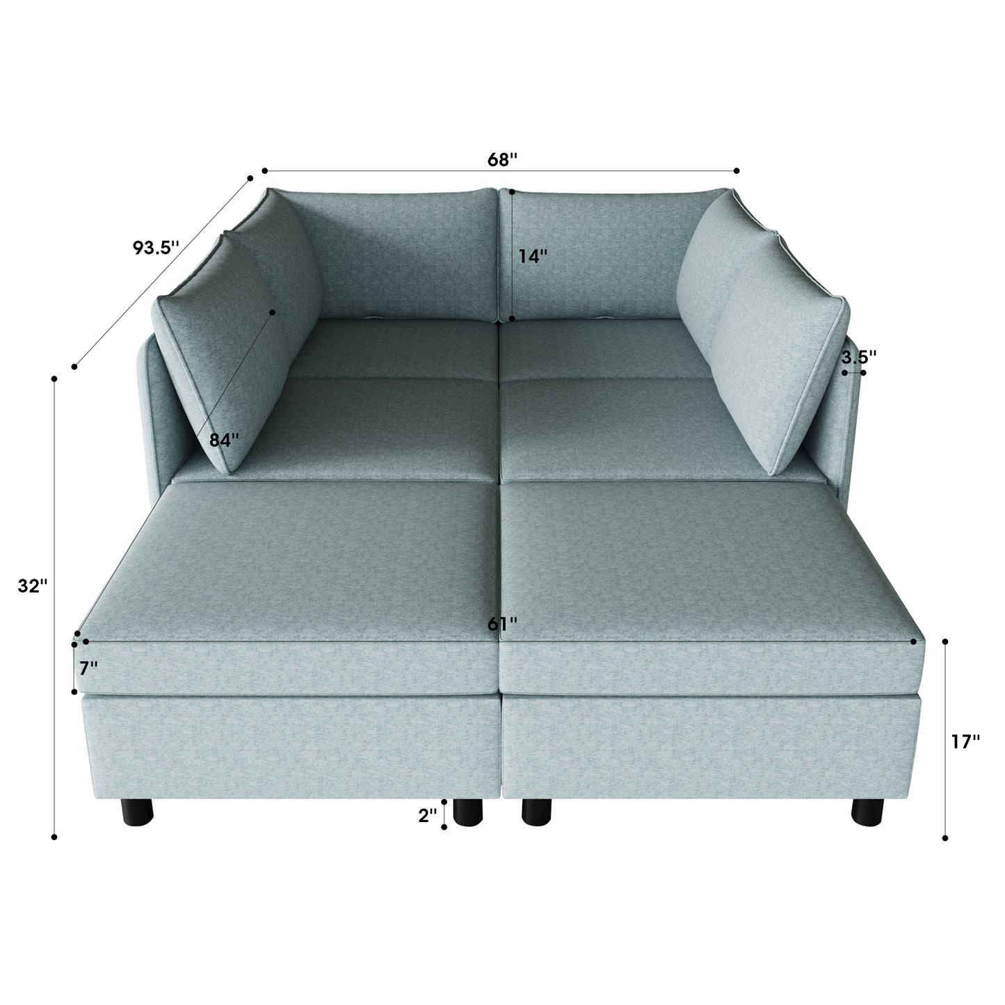 Pale blue sectional sofa with chaise showing dimensions  W x  D x  H
