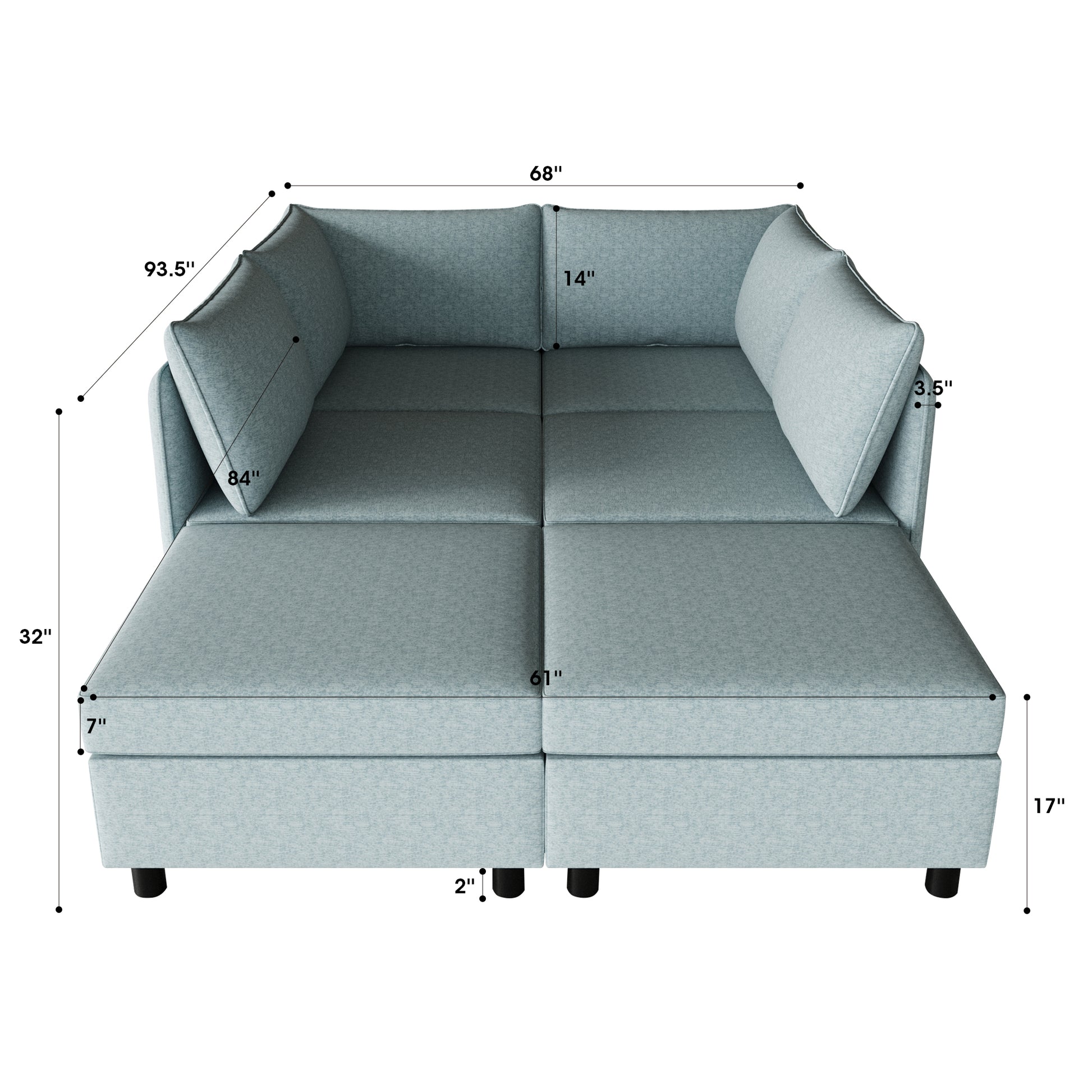 Pale blue sectional sofa with chaise showing dimensions  W x  D x  H