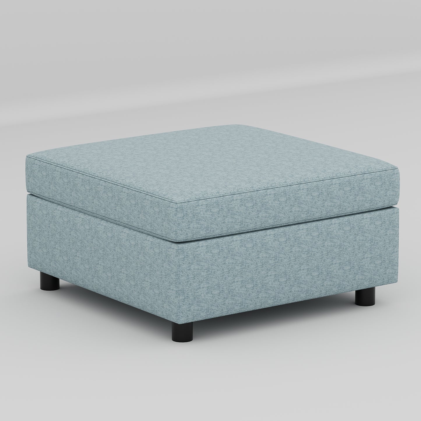 Pale blue textured fabric square ottoman with black legs perfect as a footrest or extra seating