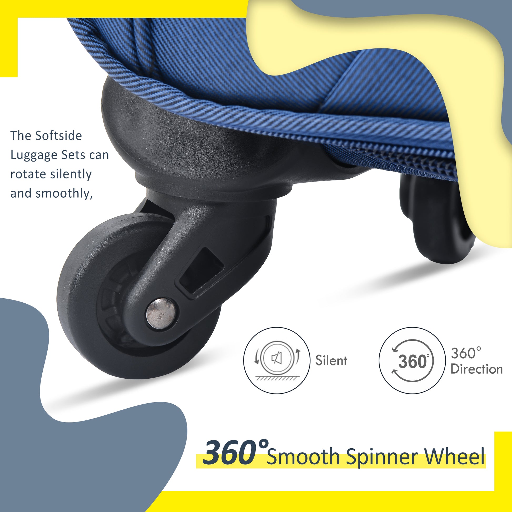 Closeup of a blue softside luggage spinner wheel designed for silent travel