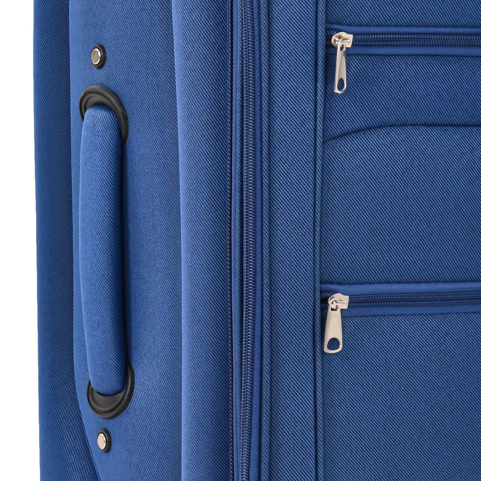 Closeup of a durable blue fabric suitcase with a sturdy side handle and silver zipper accents