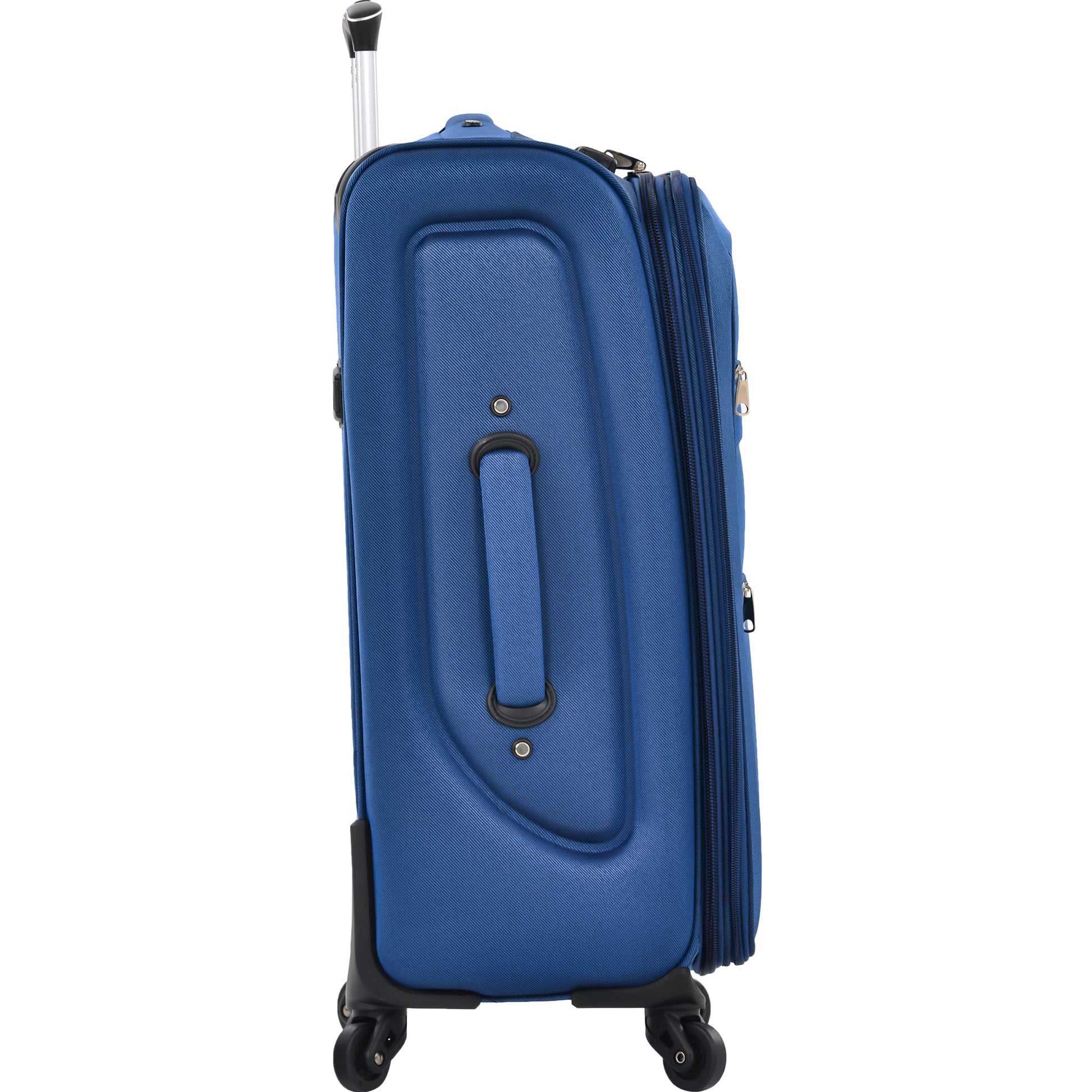 Blue hardside spinner luggage with retractable handle and side handle for easy portability