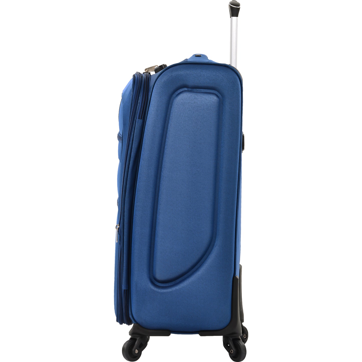 Blue fabric carryon suitcase with silver telescoping handle and black wheels