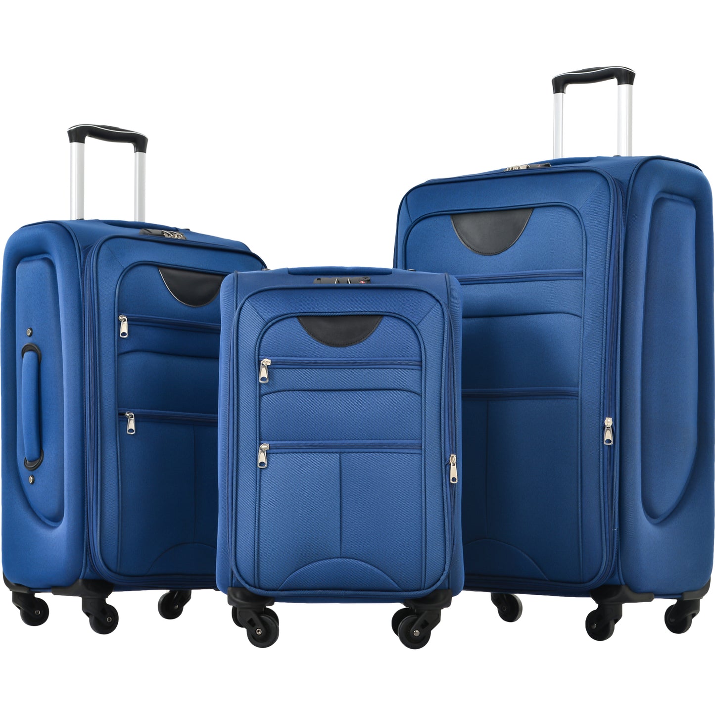 Three blue fabric suitcases of varying sizes with telescoping handles and zippered compartments
