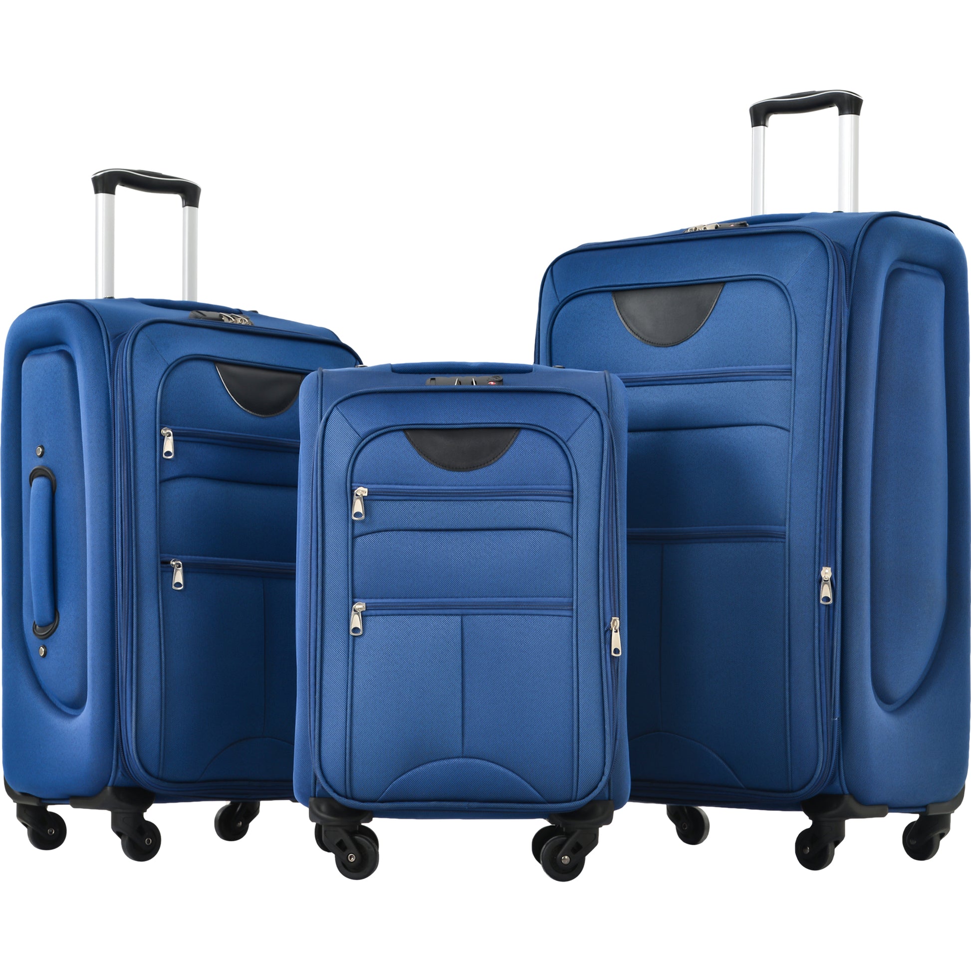 Three blue fabric suitcases of varying sizes with telescoping handles and zippered compartments