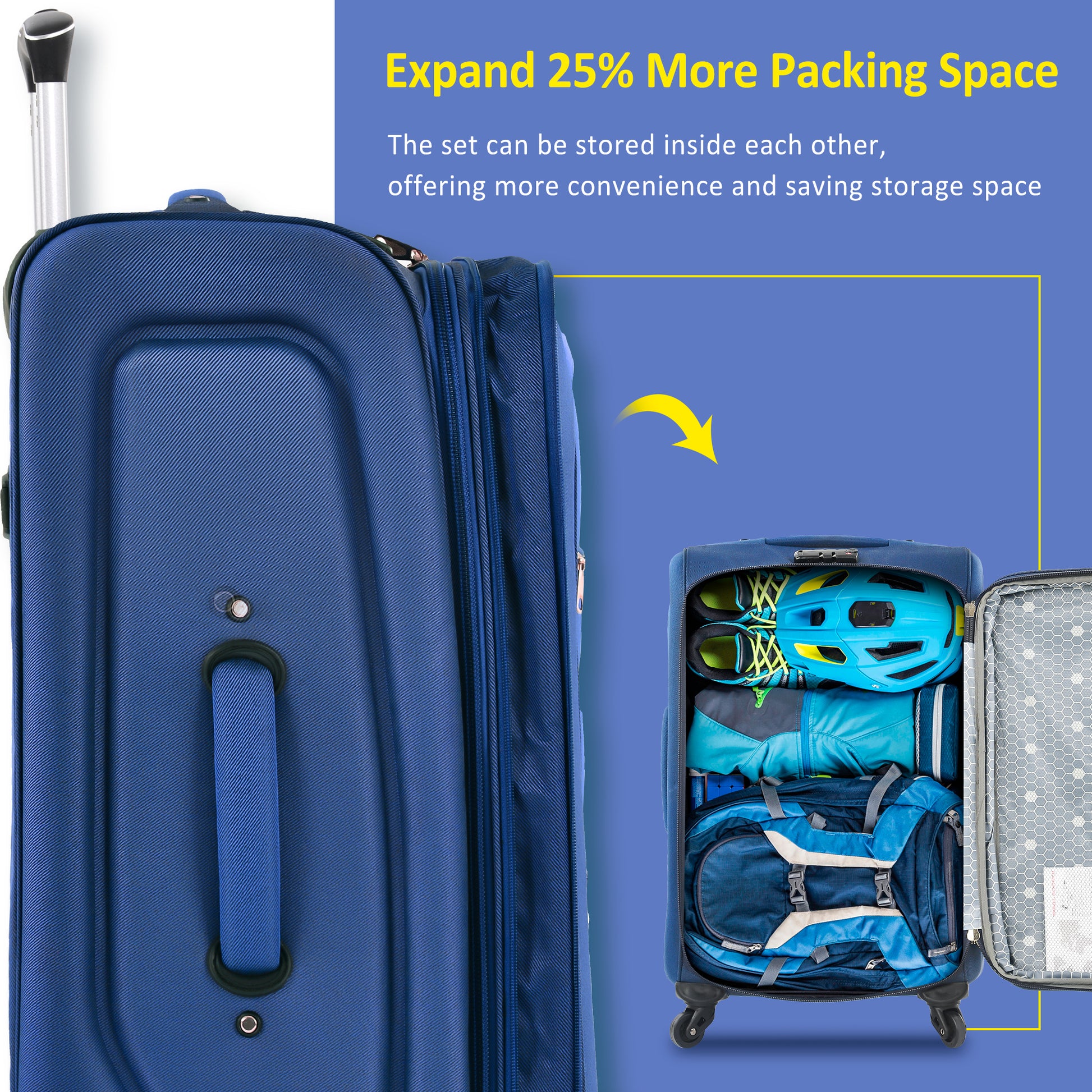Durable navy blue fabric luggage with padded handle and zippered compartment
