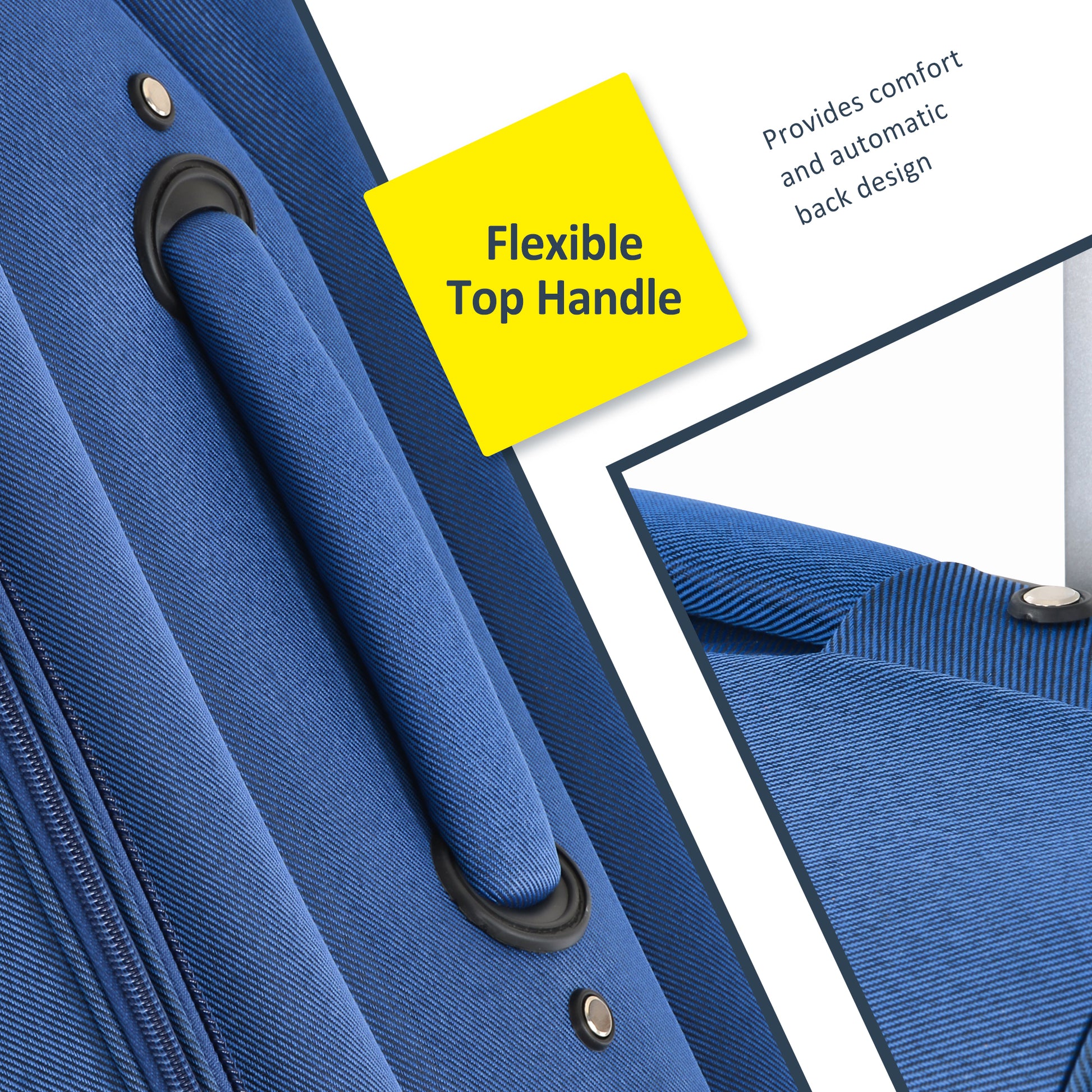 Blue luggage with a flexible top handle and reinforced stitching