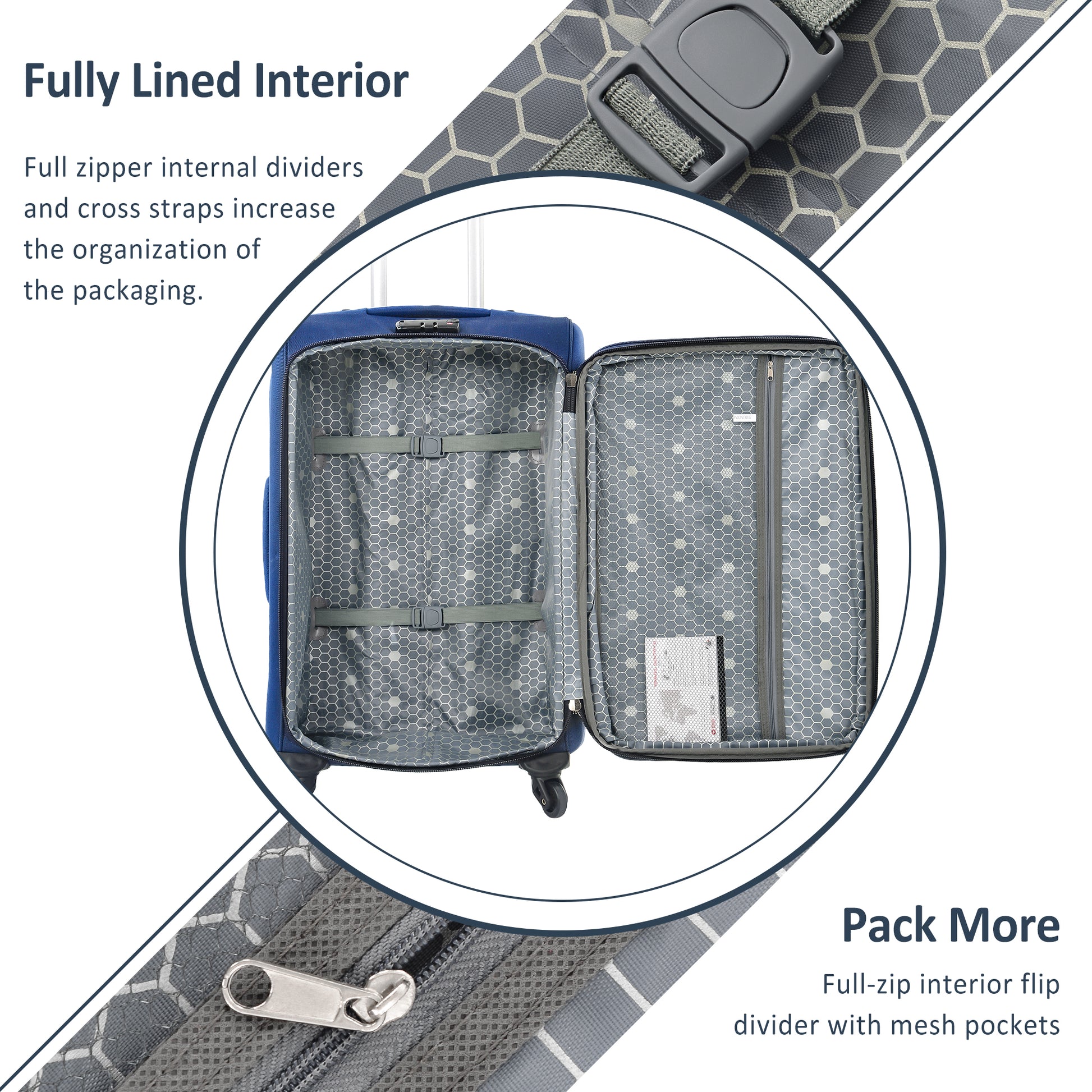 Blue suitcase interior with grey honeycomb lining dividers and straps