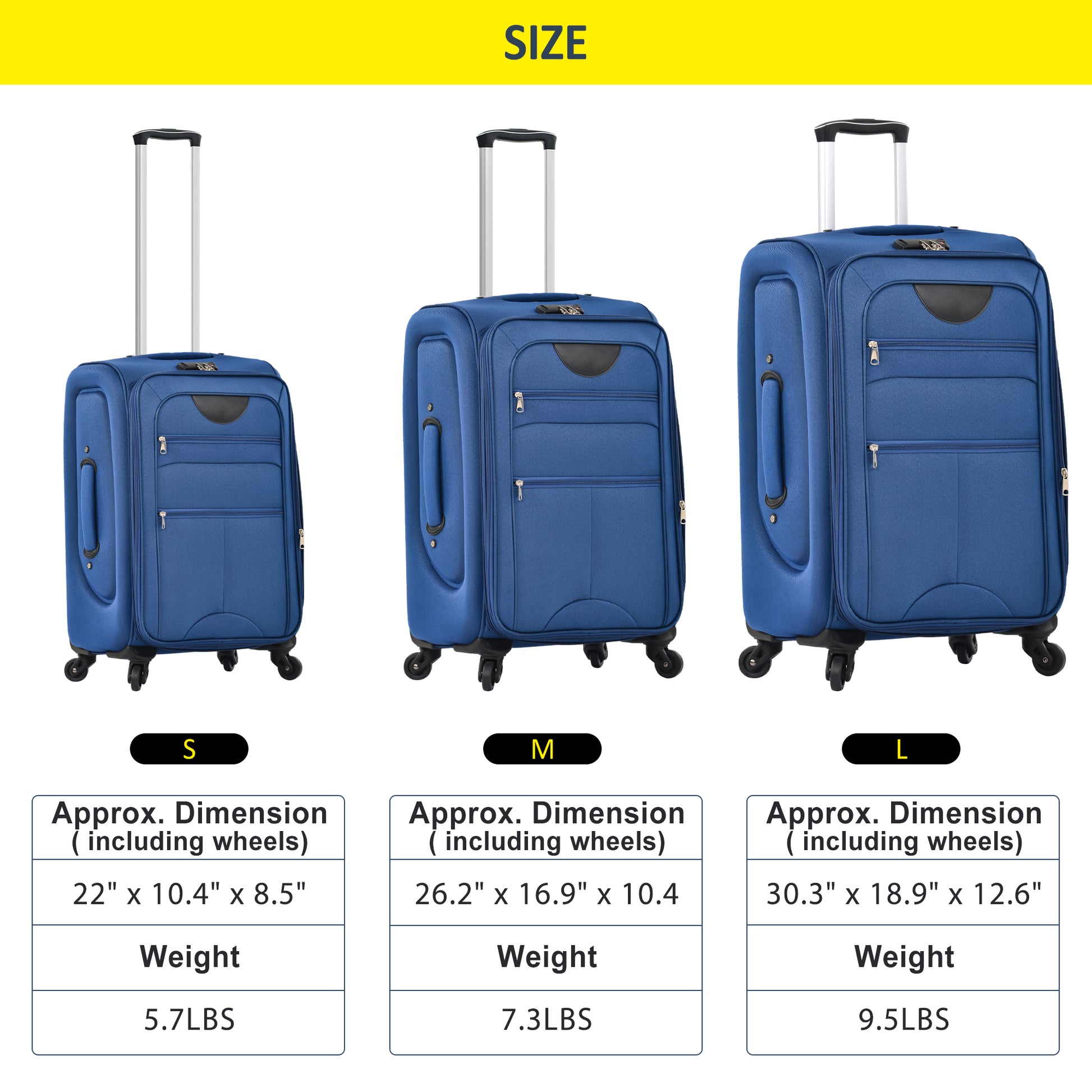 Small blue spinner suitcase with telescopic handle and wheels