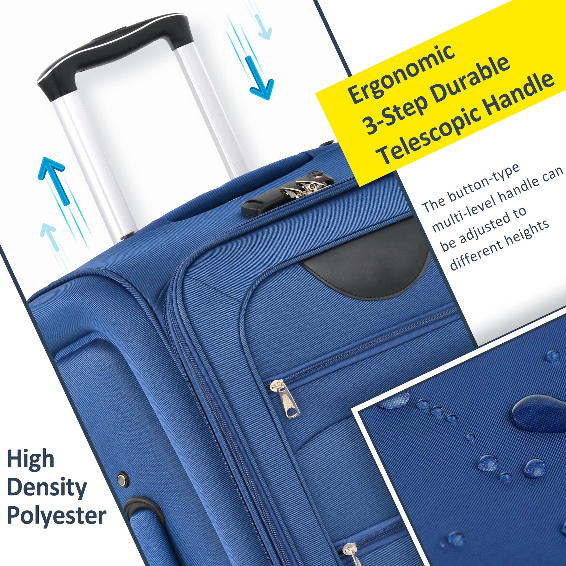 Durable blue polyester luggage with an ergonomic step telescopic handle for travel