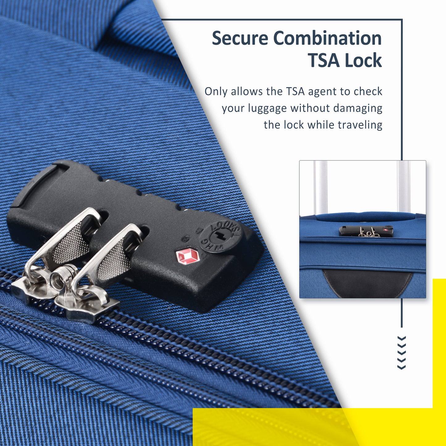 Blue luggage with a black TSA combination lock featuring silver metal clasps