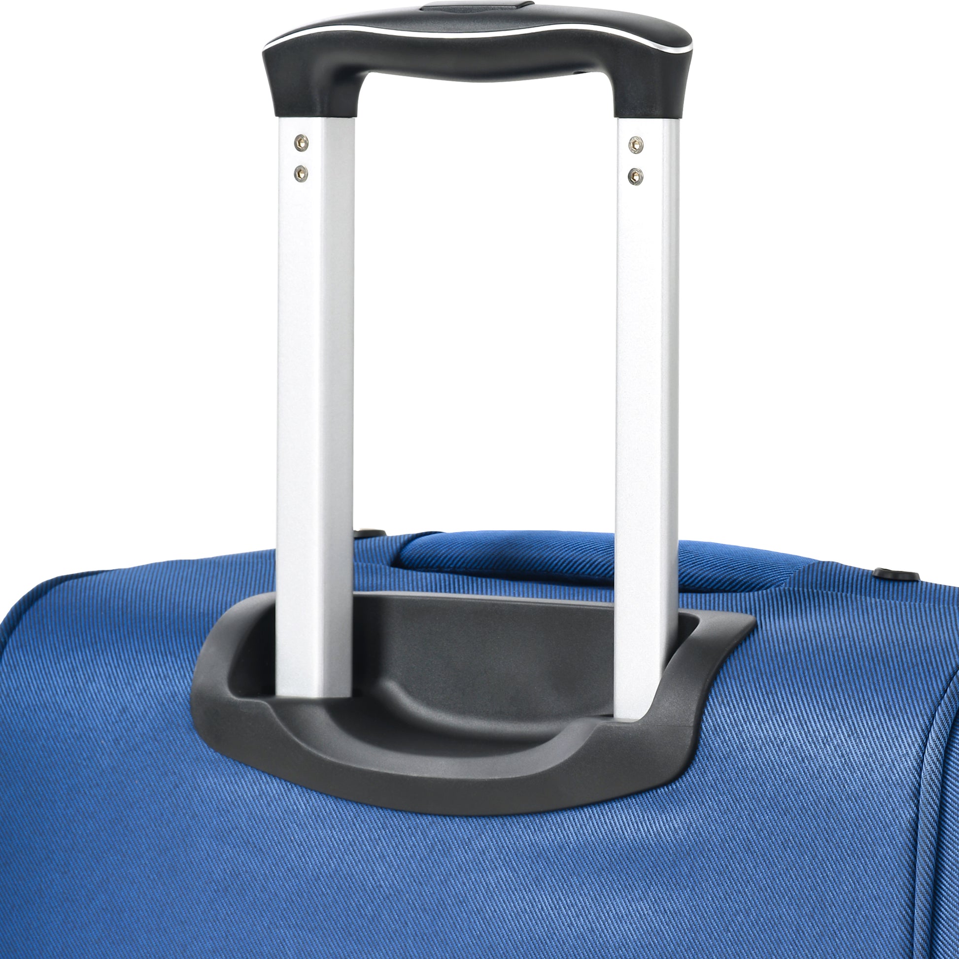 Blue durable polyester fabric suitcase with extendable silver handle and black grip