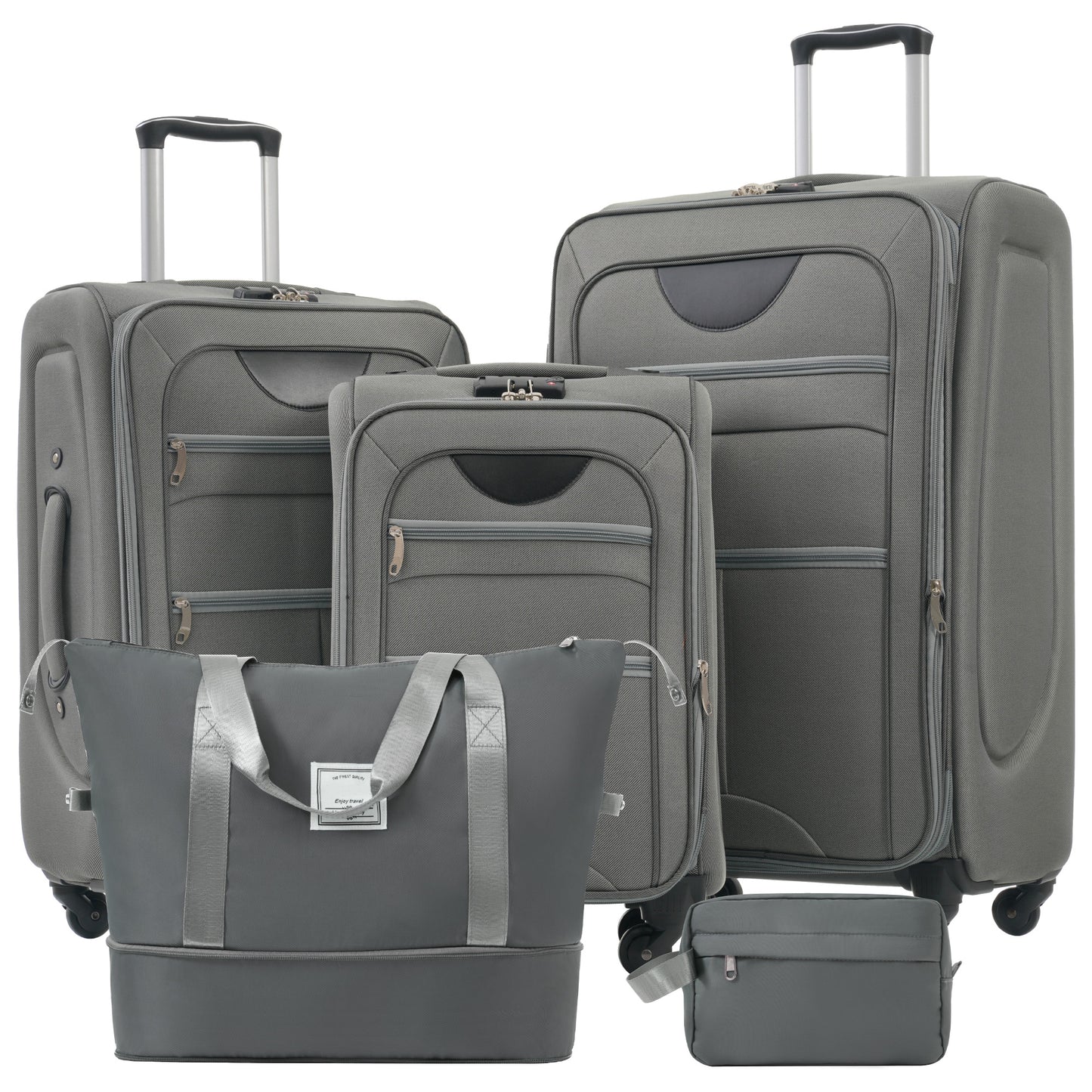 Gray luggage set with expandable zippers TSA locks and spinner wheels for travel