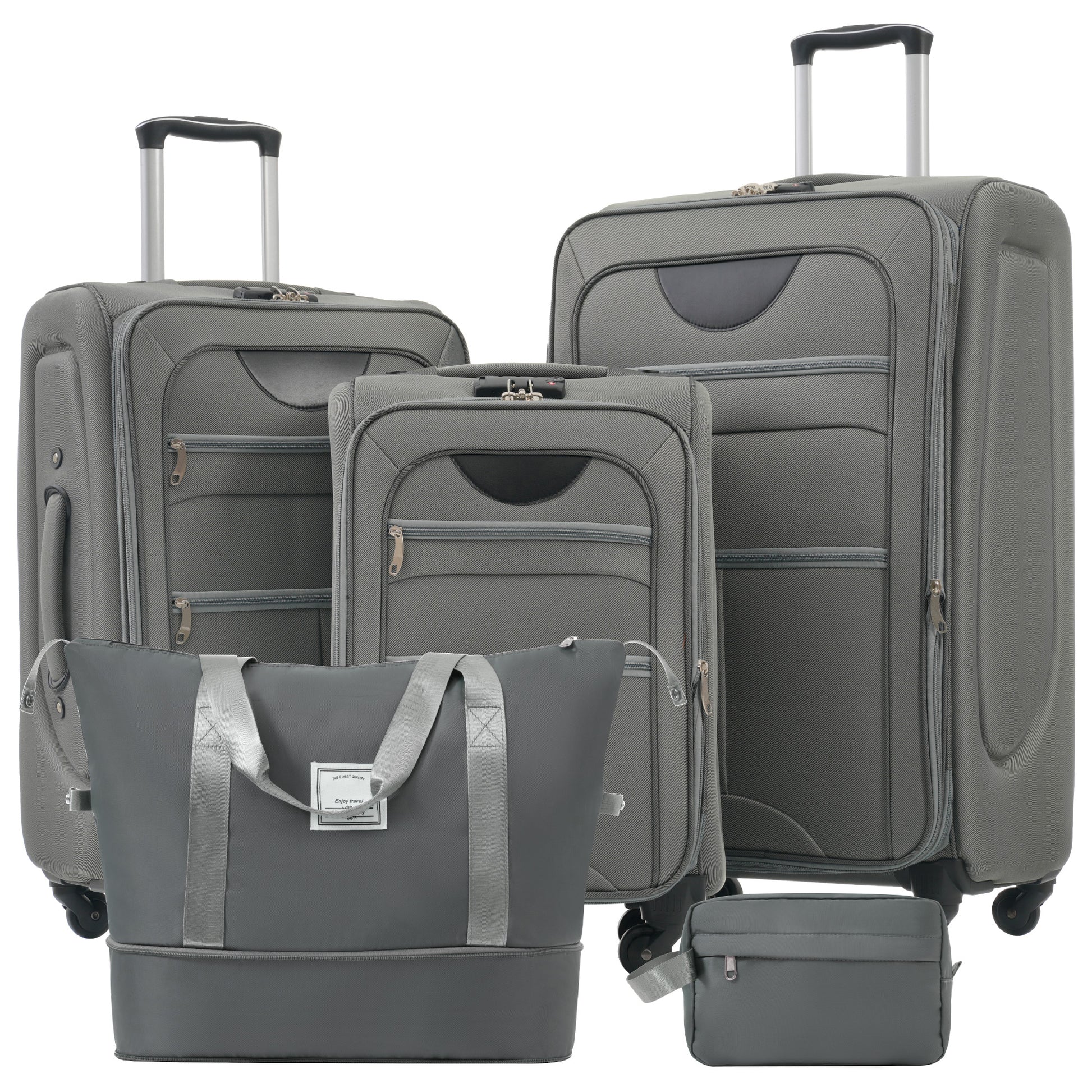 Gray luggage set with expandable zippers TSA locks and spinner wheels for travel