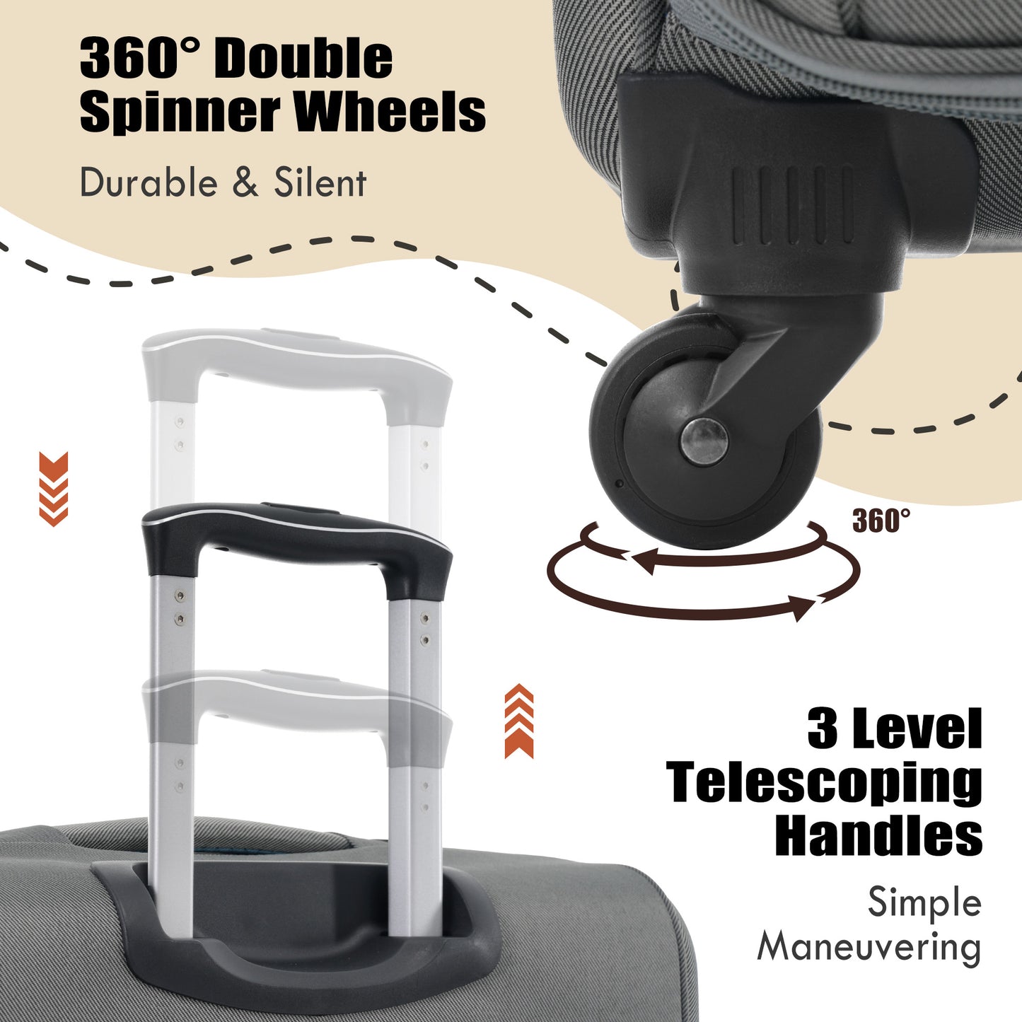 Closeup of a gray suitcase featuring durable and silent degree double spinner wheels