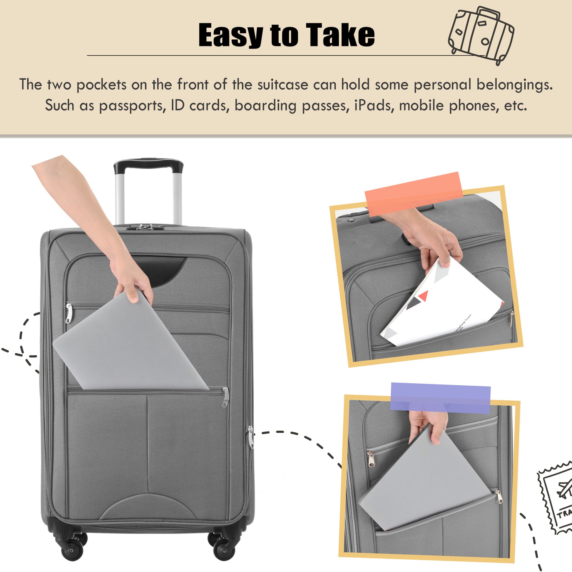 Gray rolling suitcase with front pocket holding a laptop