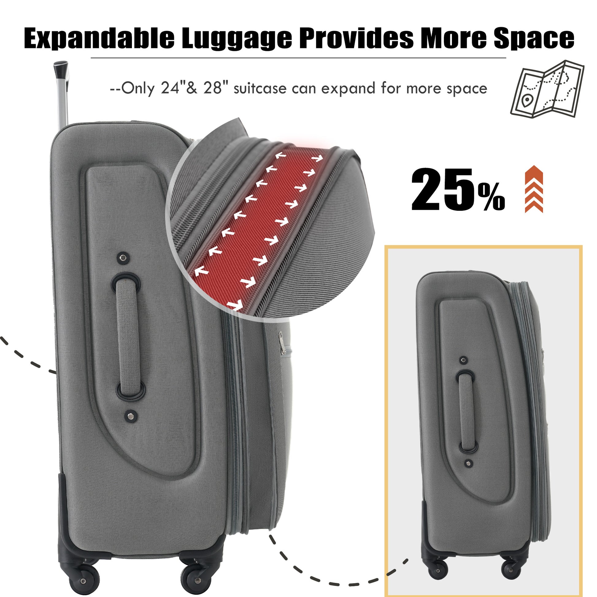 Gray expandable suitcase with detailed zipper showing expansion feature for more space