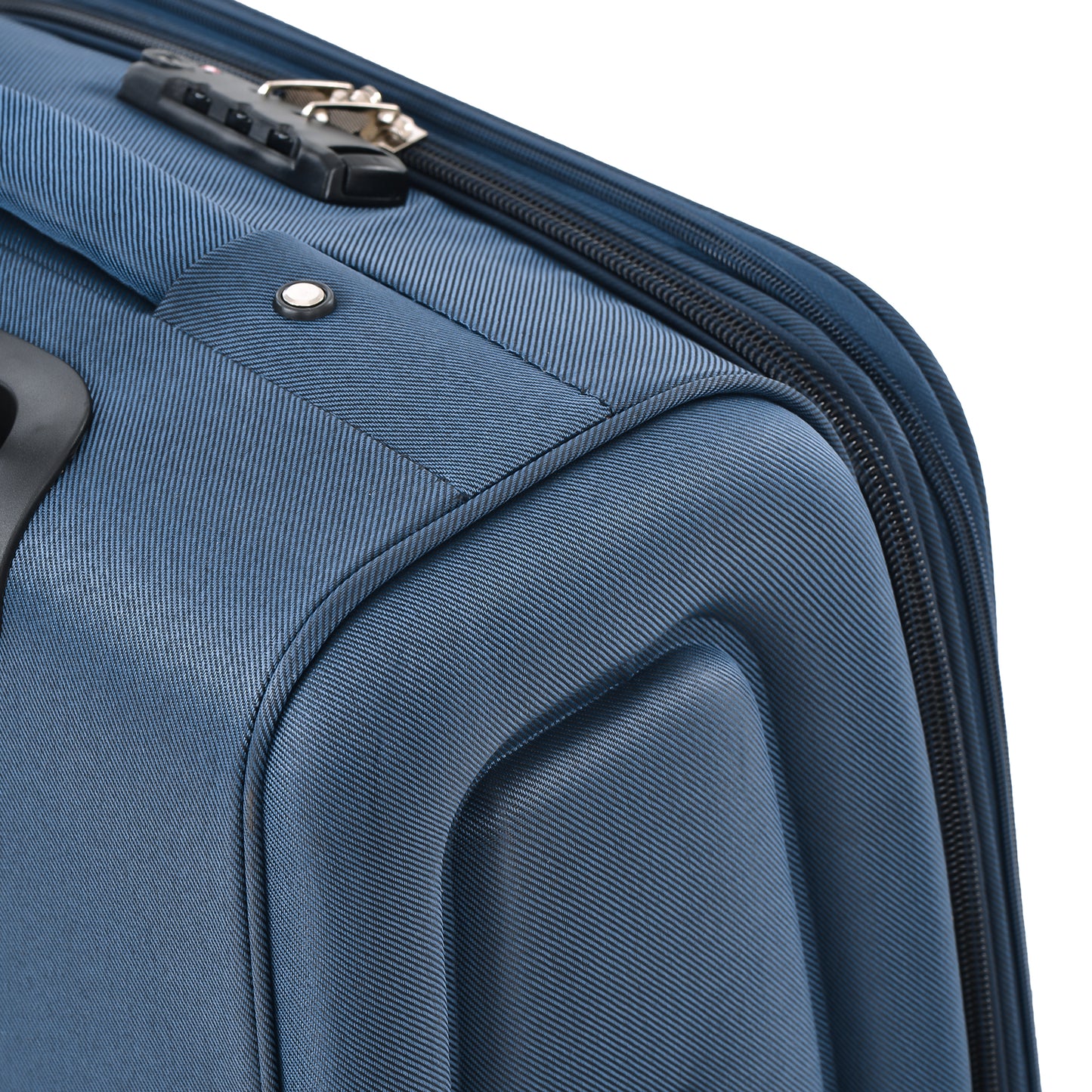 Navy blue textured luggage with a TSAapproved combination lock and zipper