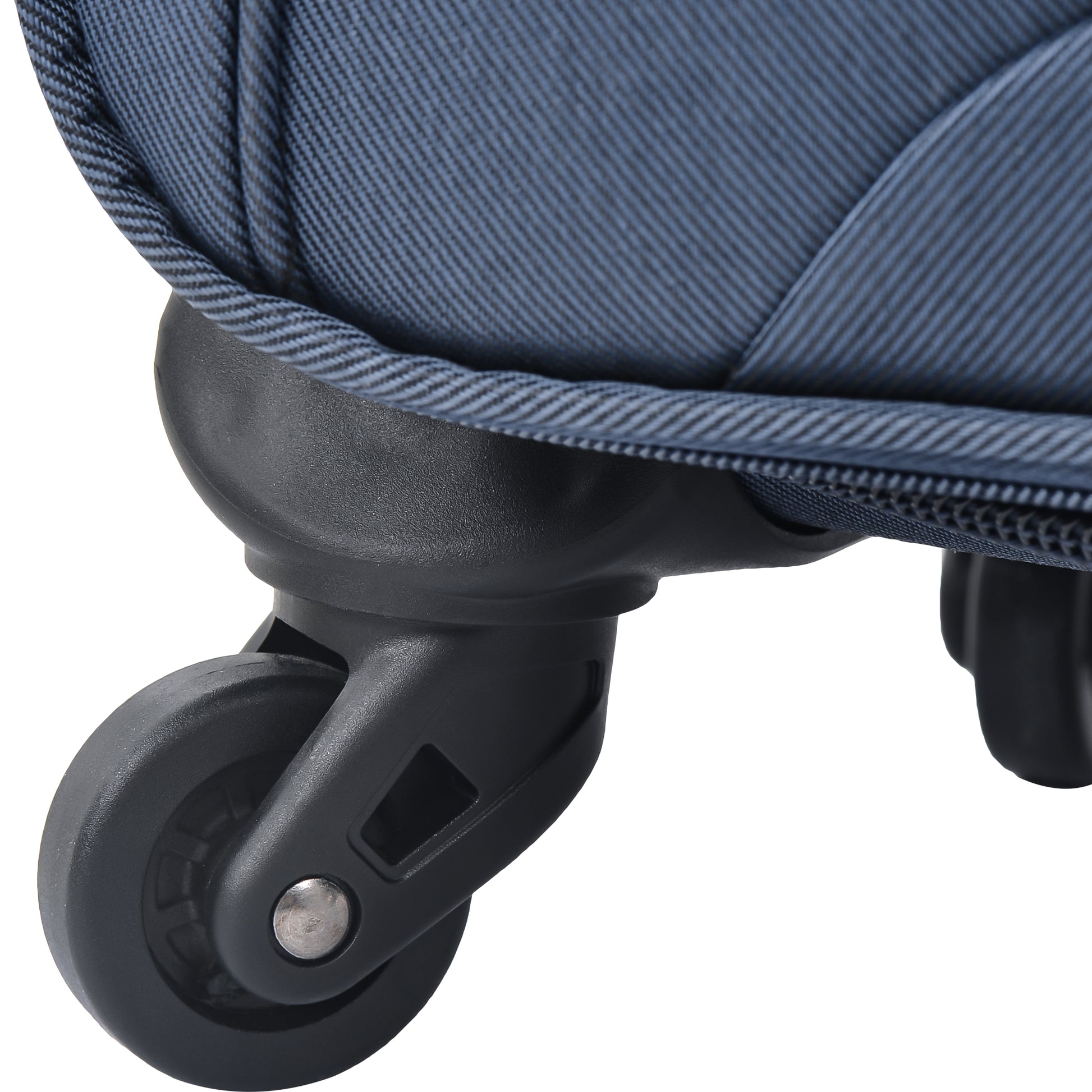 Close up of a blue chevron fabric suitcase with a black spinner wheel