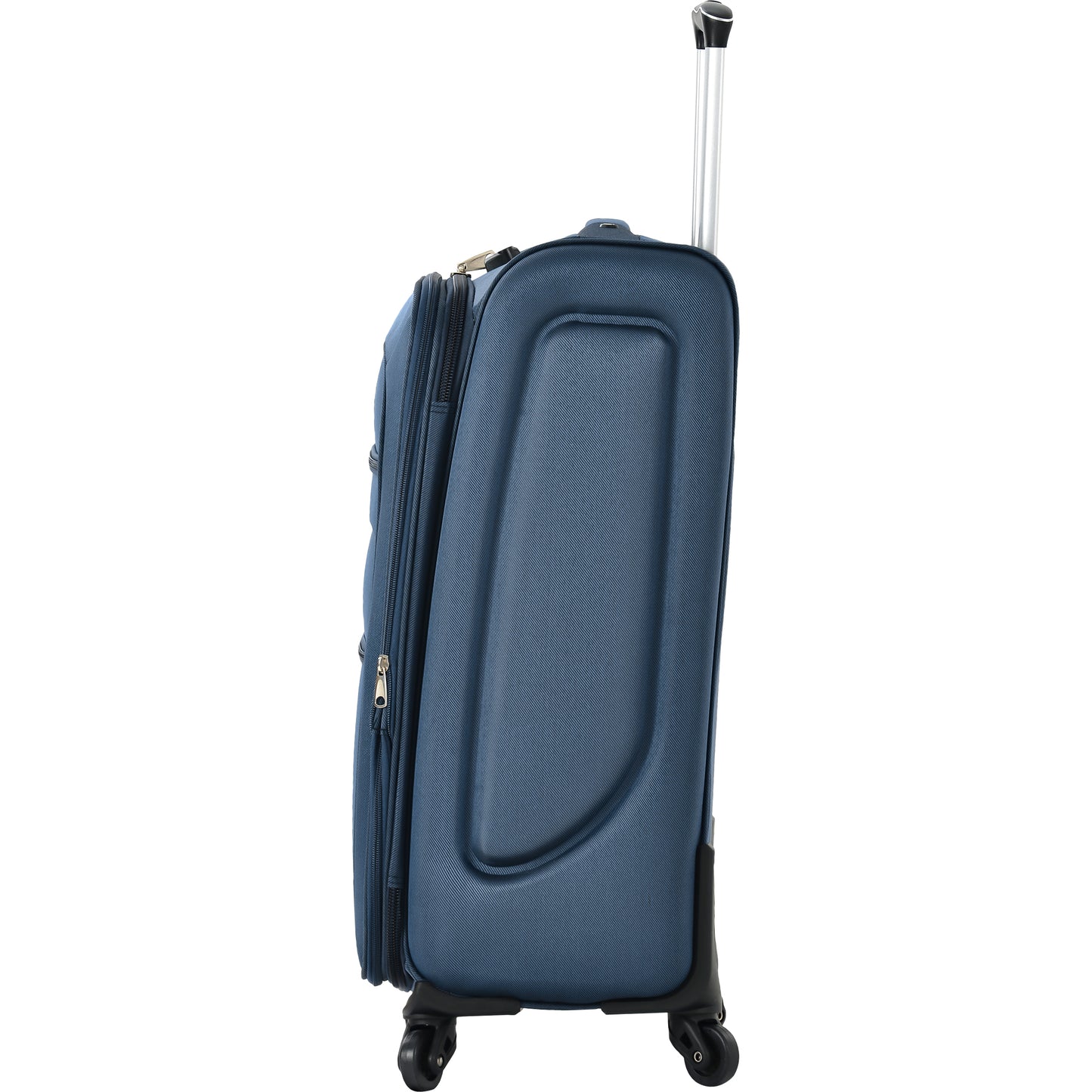 Navy blue softshell travel suitcase with telescoping handle and wheels
