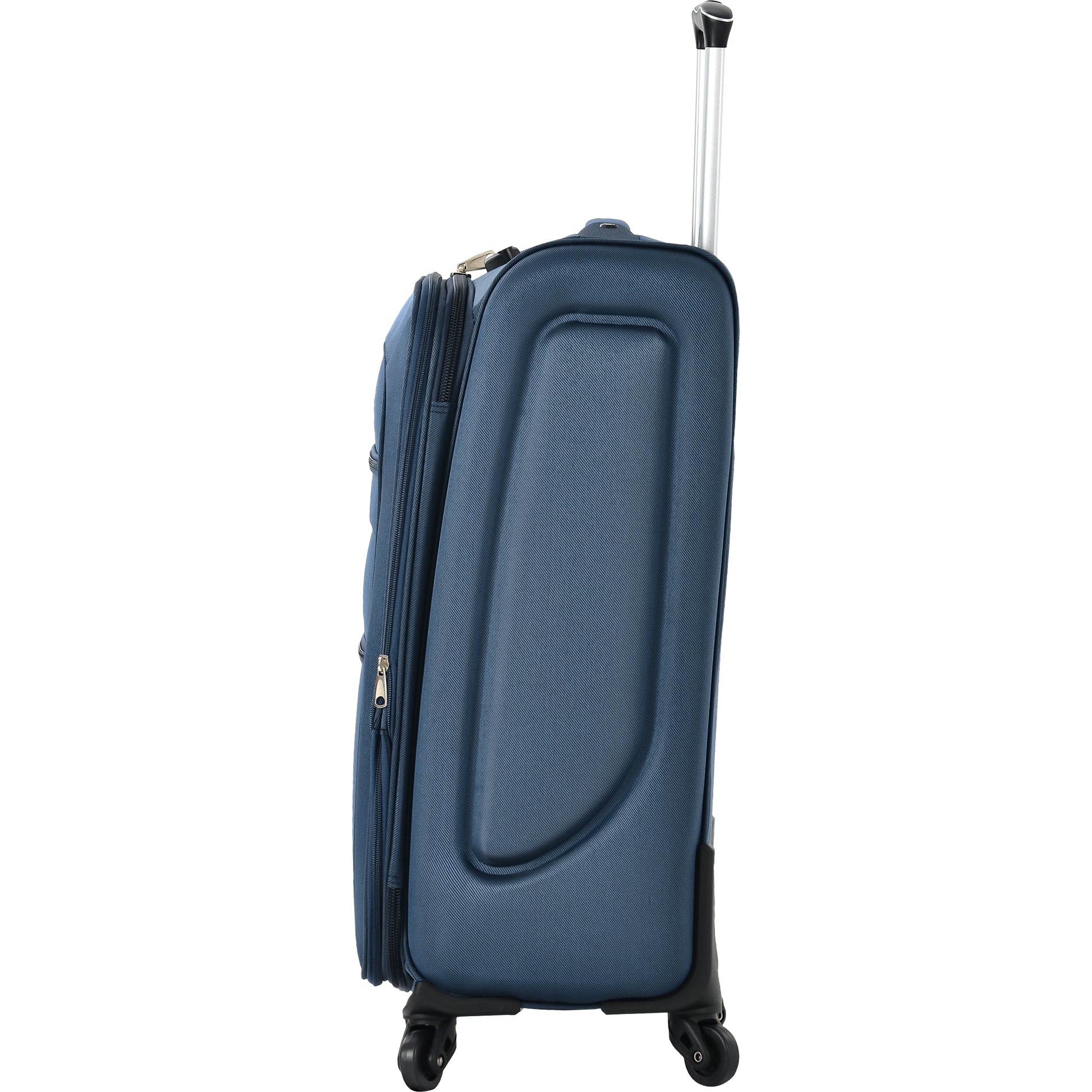 Navy blue softshell travel suitcase with telescoping handle and wheels