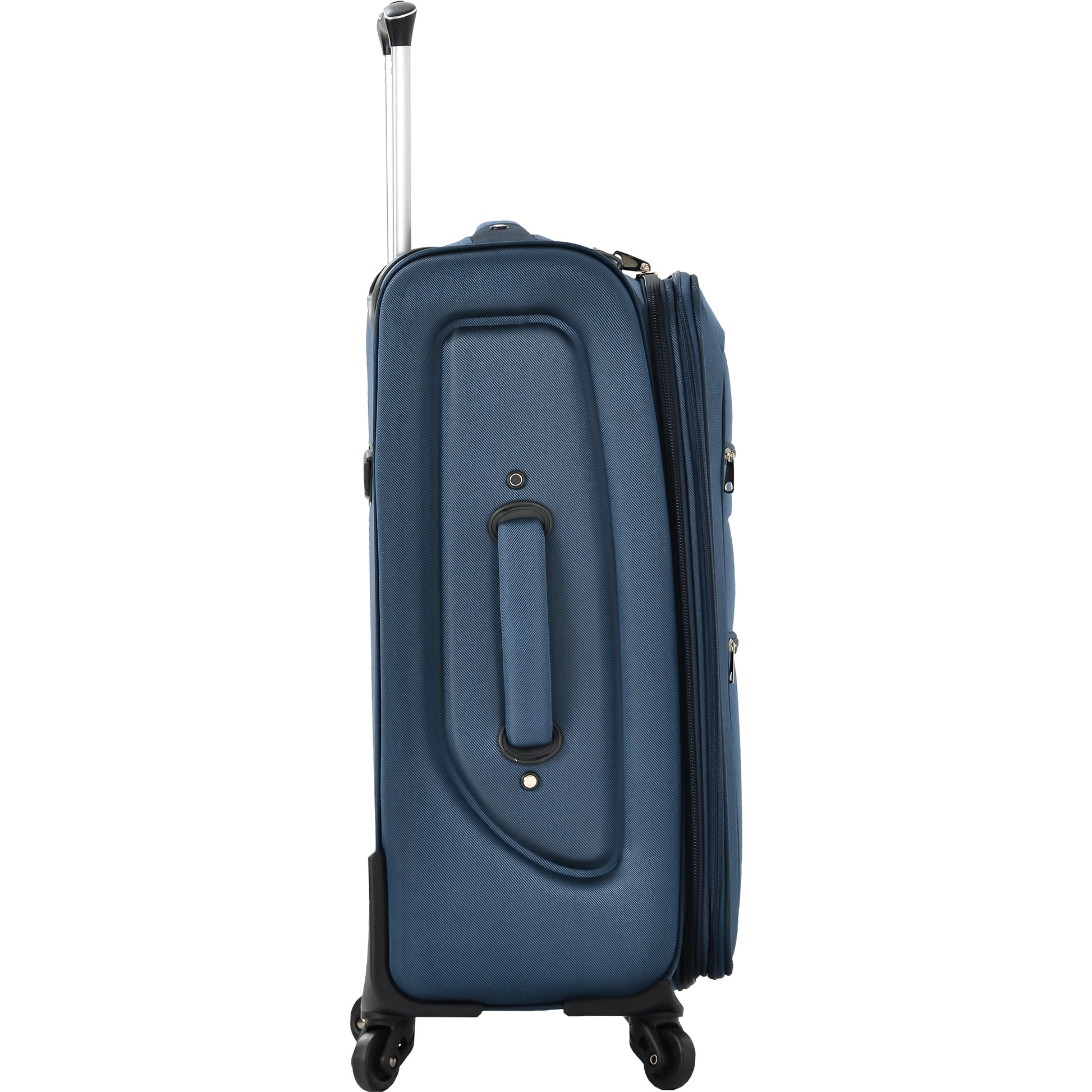 Navy blue expandable upright suitcase with telescoping handle and wheels