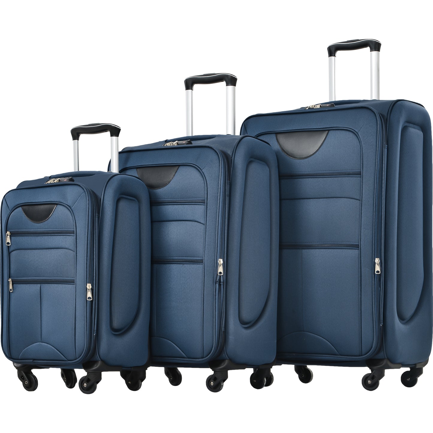 Set of three navy blue fabric suitcases with silver telescopic handles and wheels