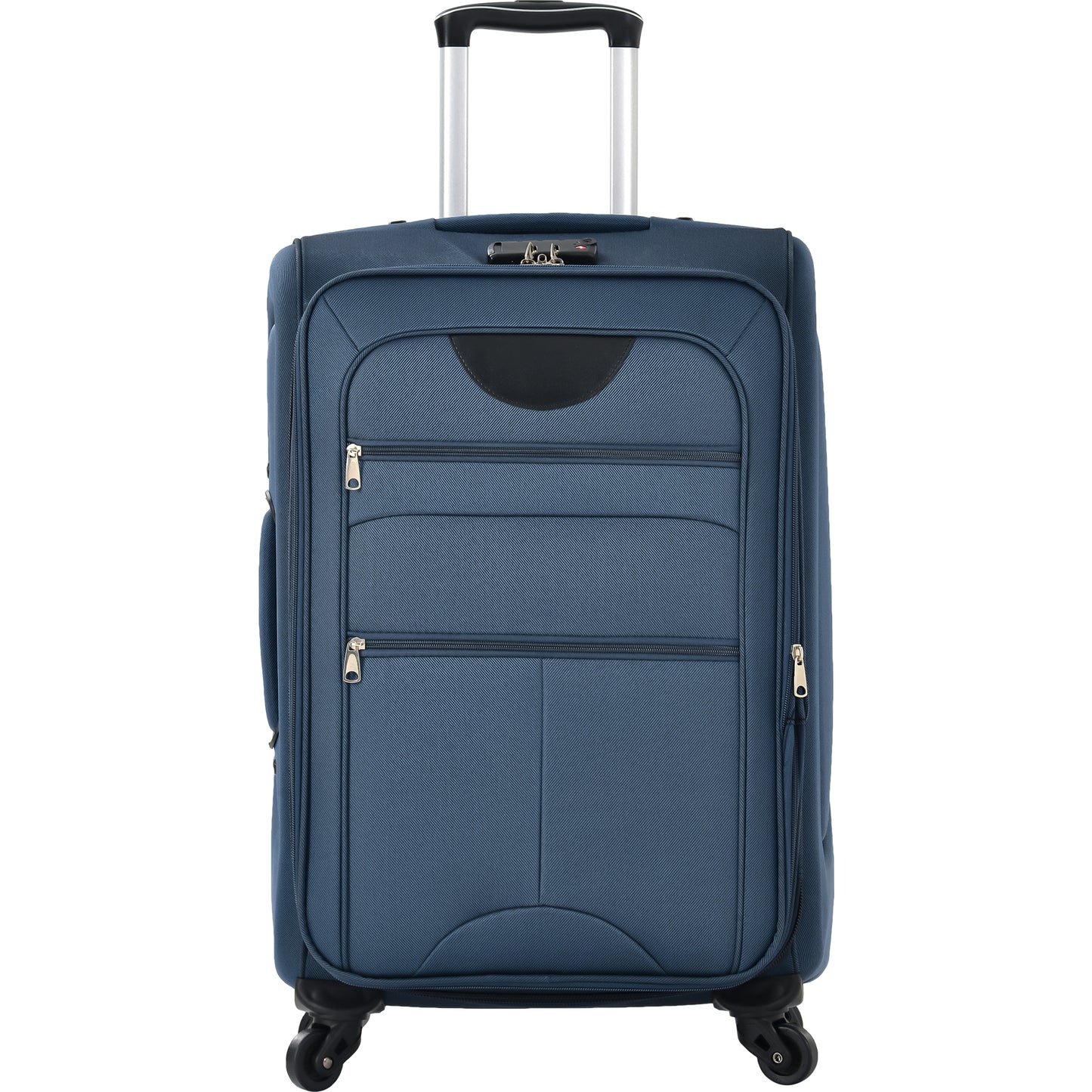 Navy blue softshell suitcase with spinner wheels and TSA lock for travel