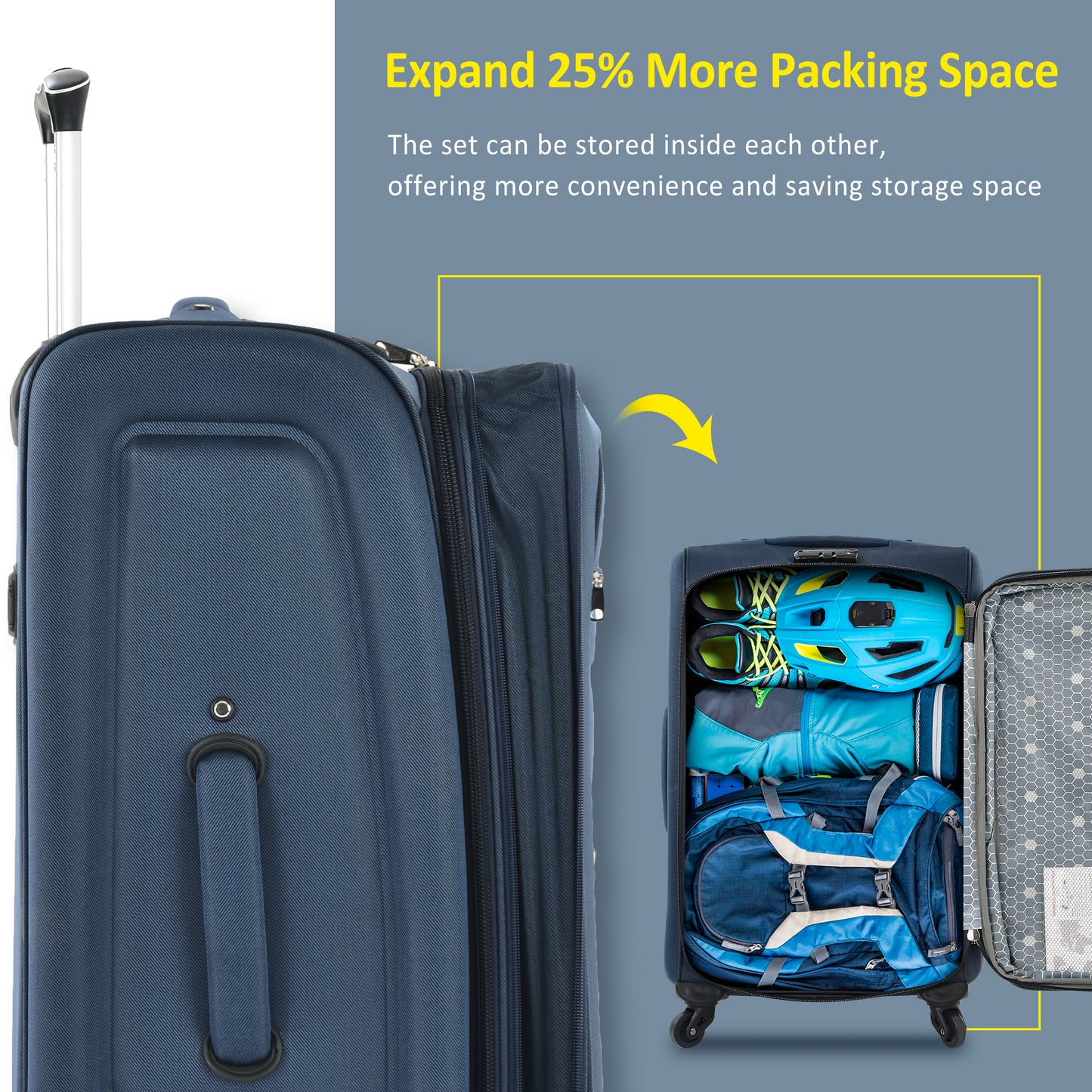 Navy blue expandable suitcase with travel gear for maximum packing space