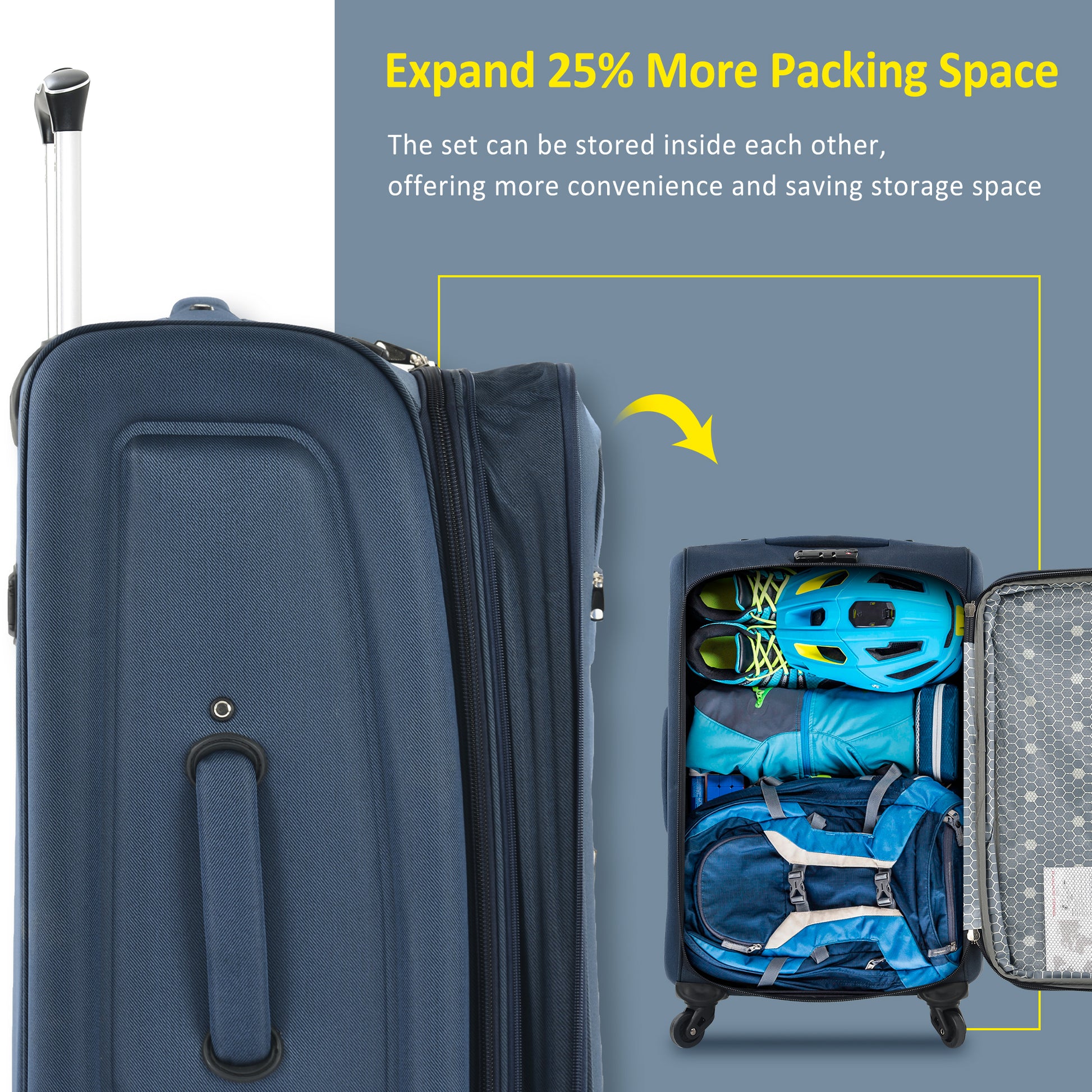 Navy blue expandable suitcase with travel gear for maximum packing space