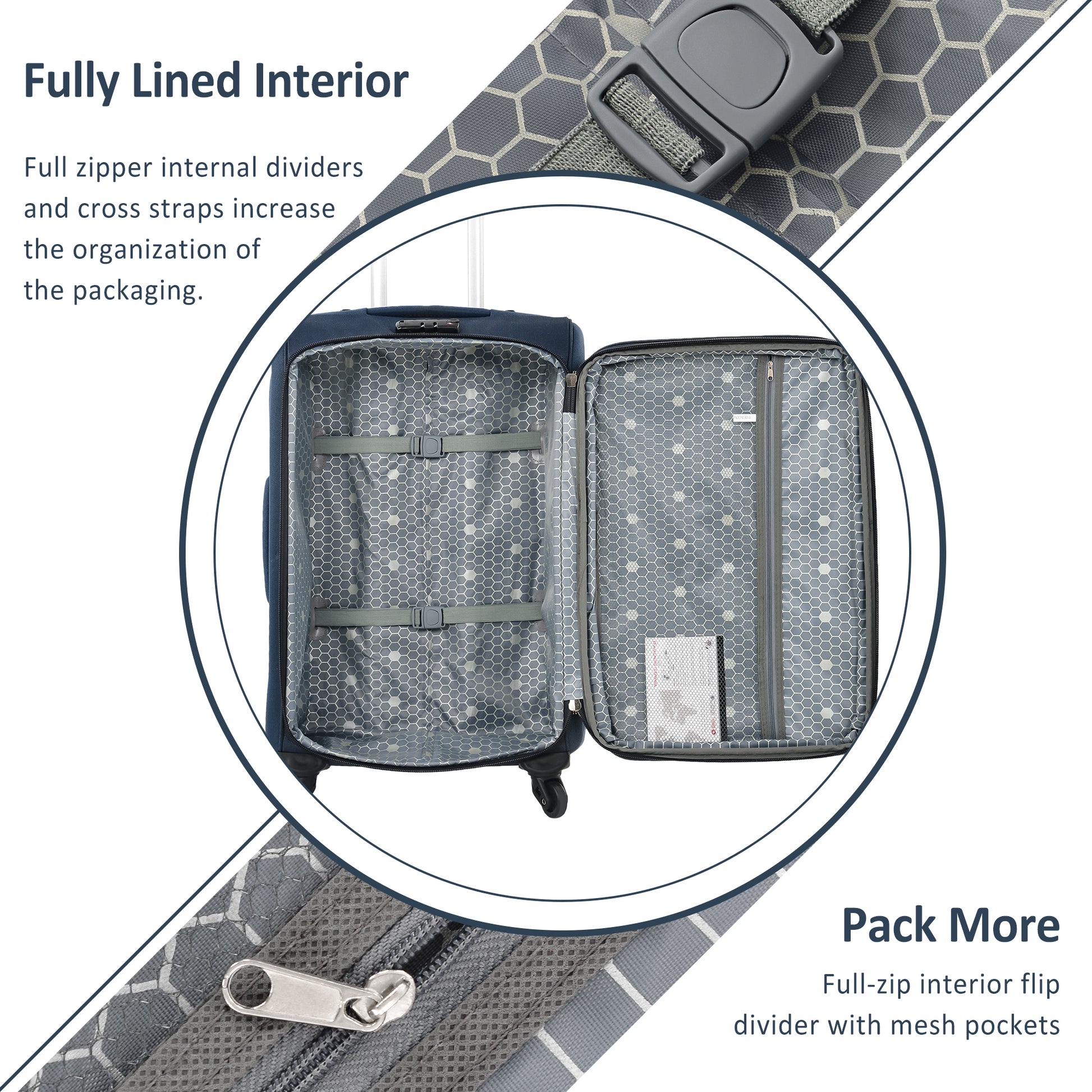 Open navy suitcase interior with grey hexagonal lining straps and mesh pockets