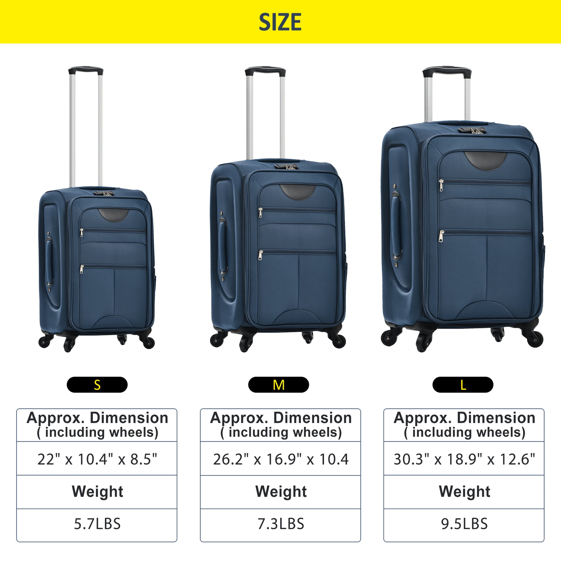Dark blue fabric suitcase small size with retractable handle and wheels