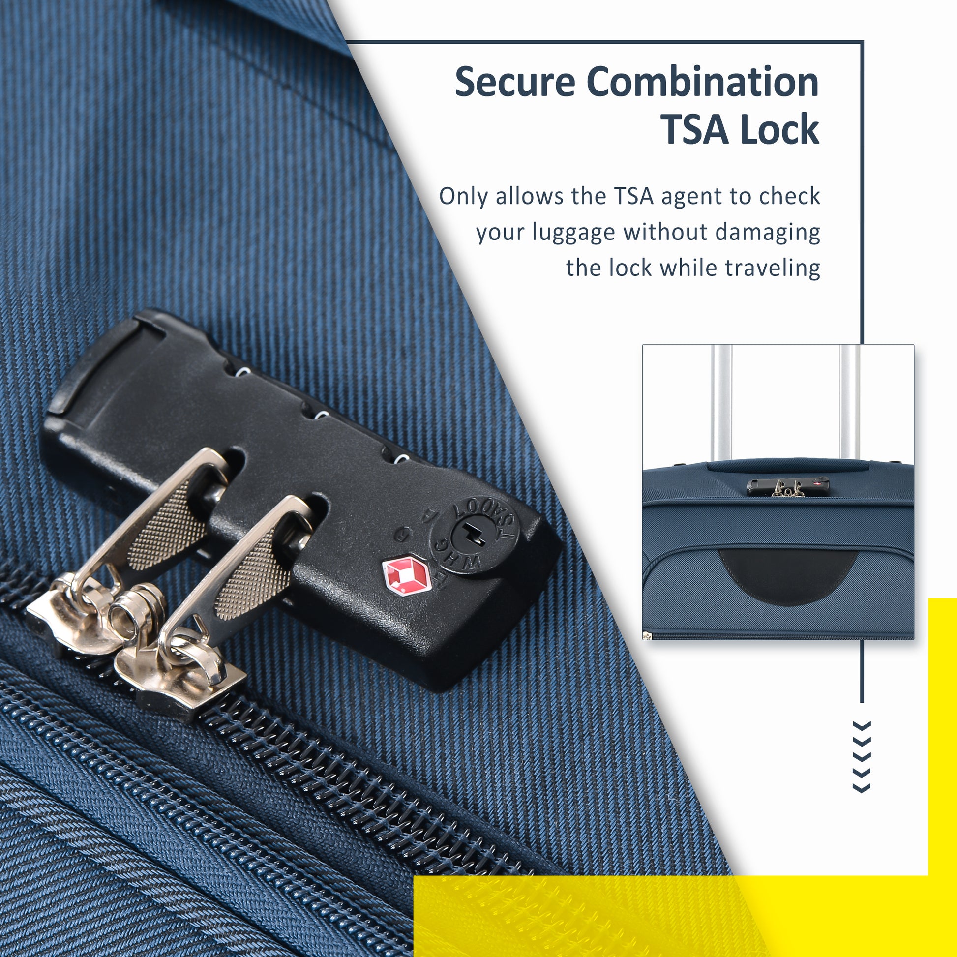 Closeup of blue luggage with integrated black TSA lock and silver zipper pulls