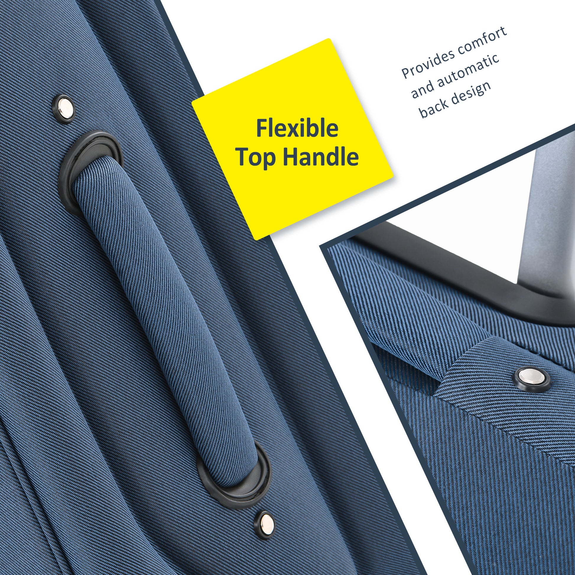 Closeup of blue woven fabric with a flexible top handle and silver rivet detail