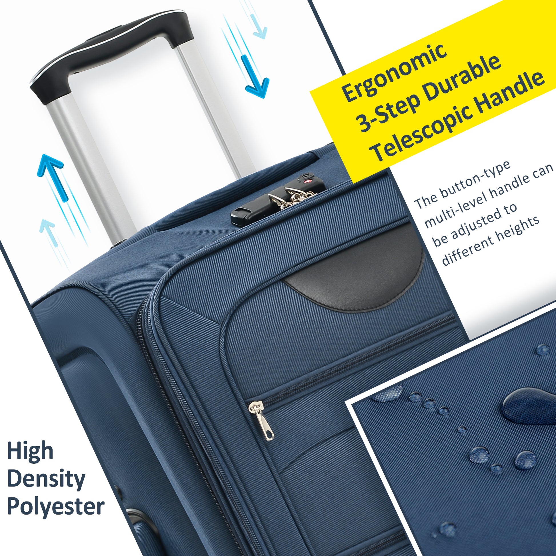 Navy blue luggage with ergonomic step telescopic handle and TSA lock