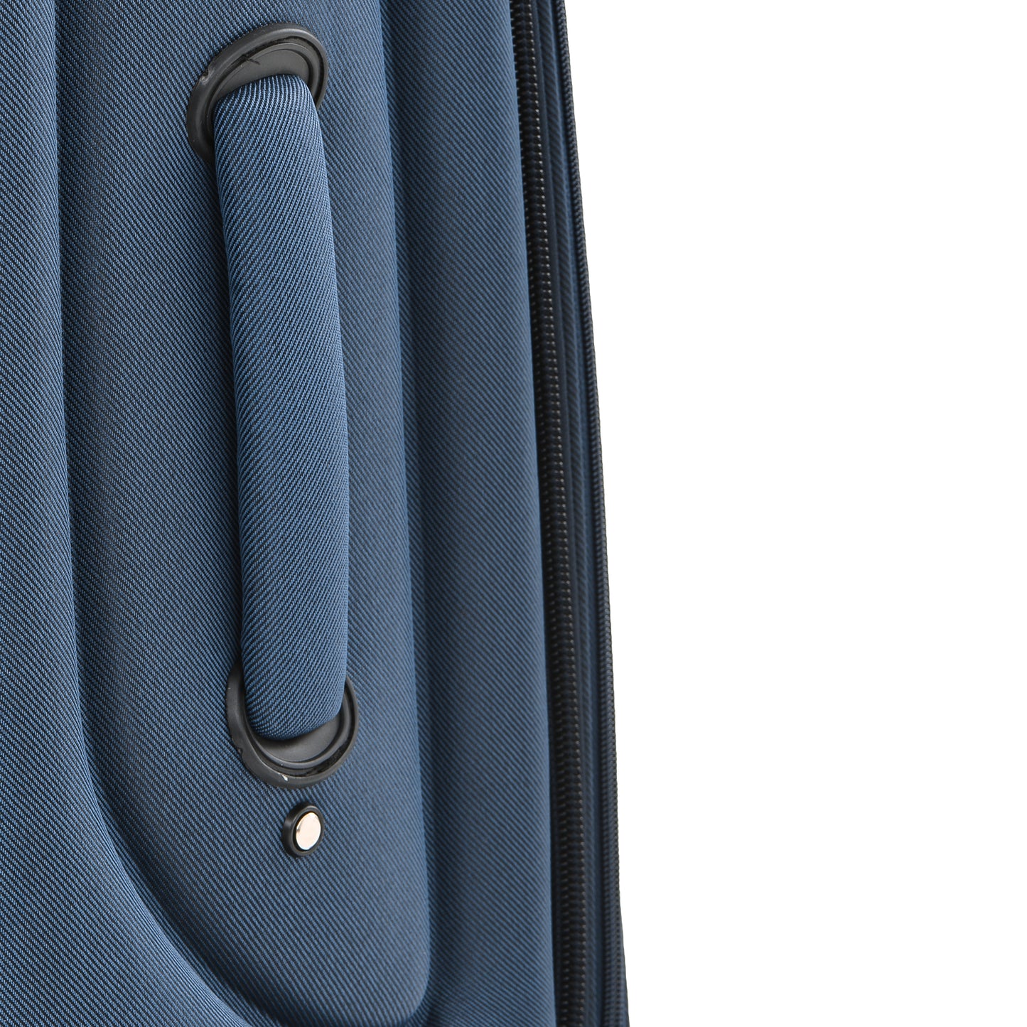 Closeup of a blue fabric suitcase handle with black trim and a silver rivet